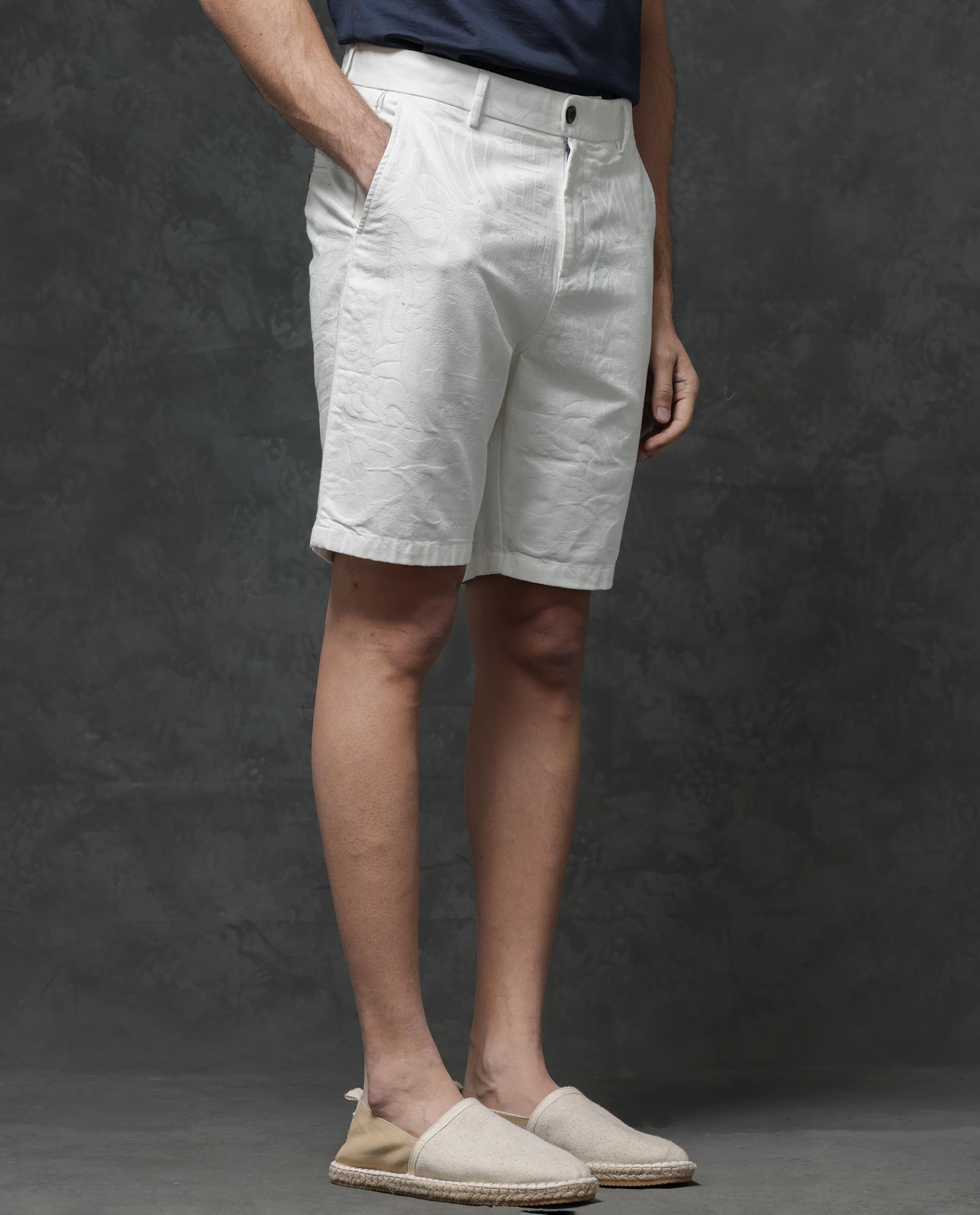 Rare Rabbit Mens Jecky Off White Jacquard Textured Regular Fit Shorts
