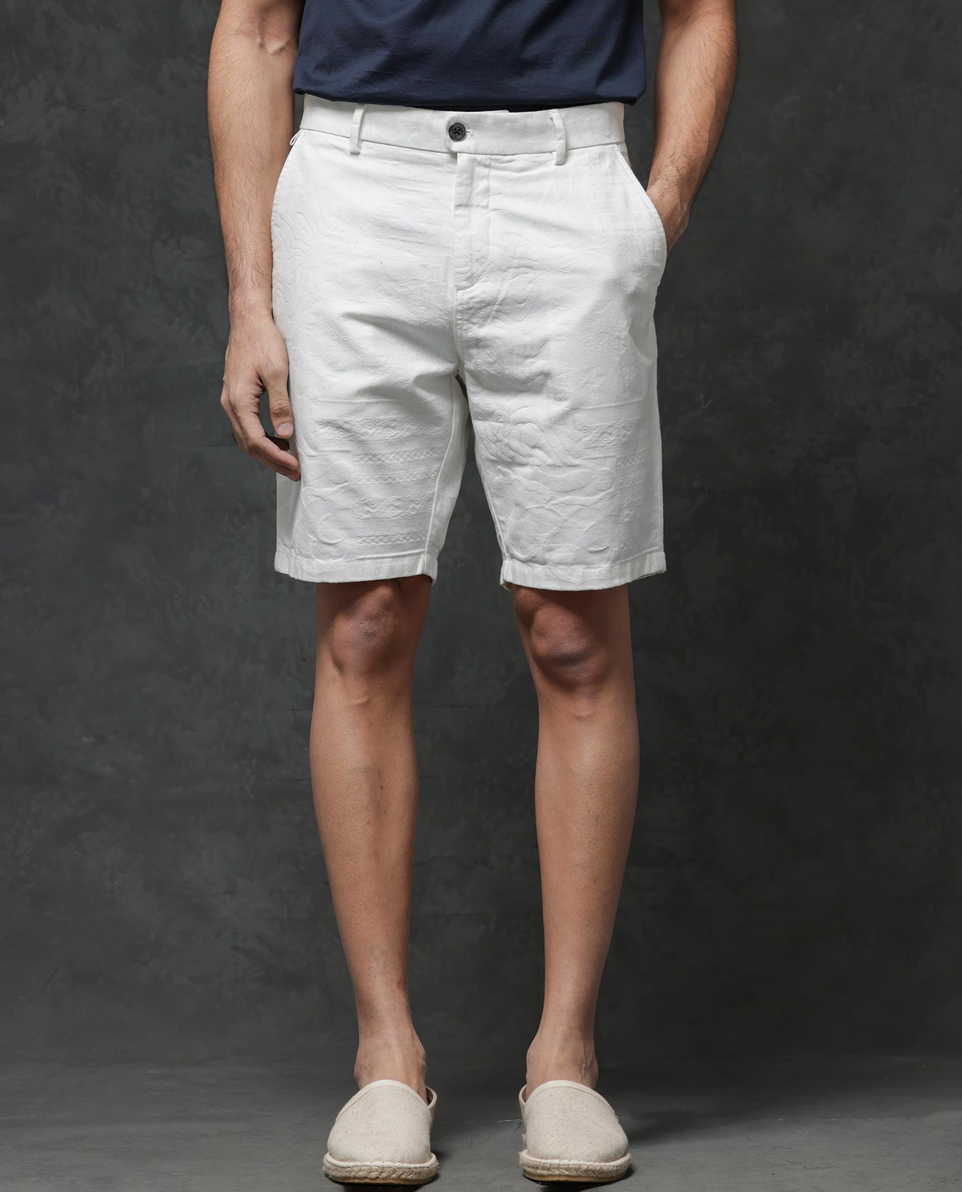 Rare Rabbit Mens Jecky Off White Jacquard Textured Regular Fit Shorts
