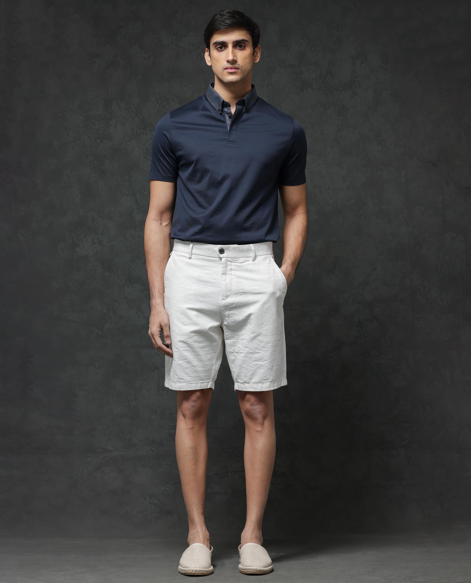 Rare Rabbit Mens Jecky Off White Jacquard Textured Regular Fit Shorts