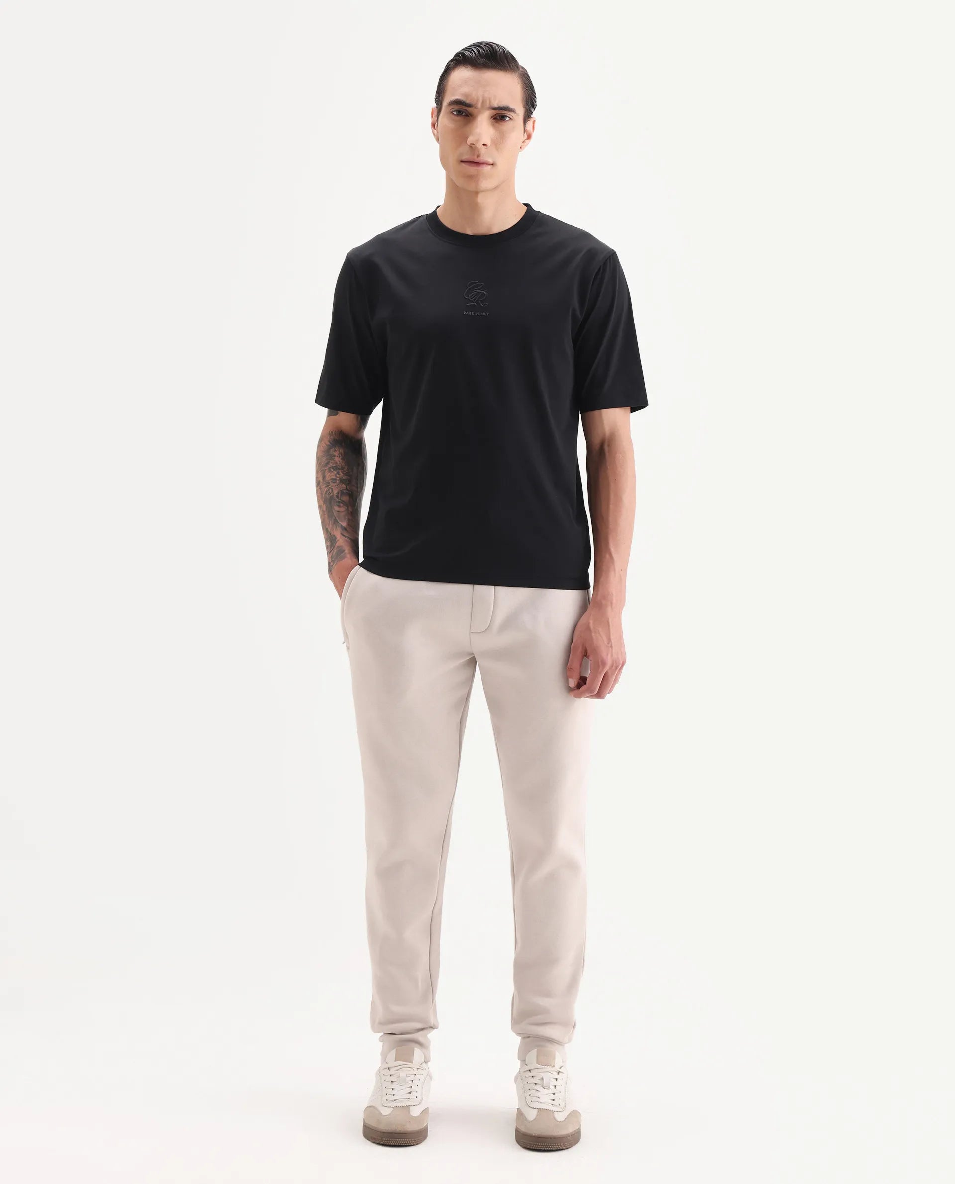 Rare Rabbit Men's Ject Black Cotton Fabric Half Sleeve Crew Neck Regular Fit Graphic Print T-Shirt