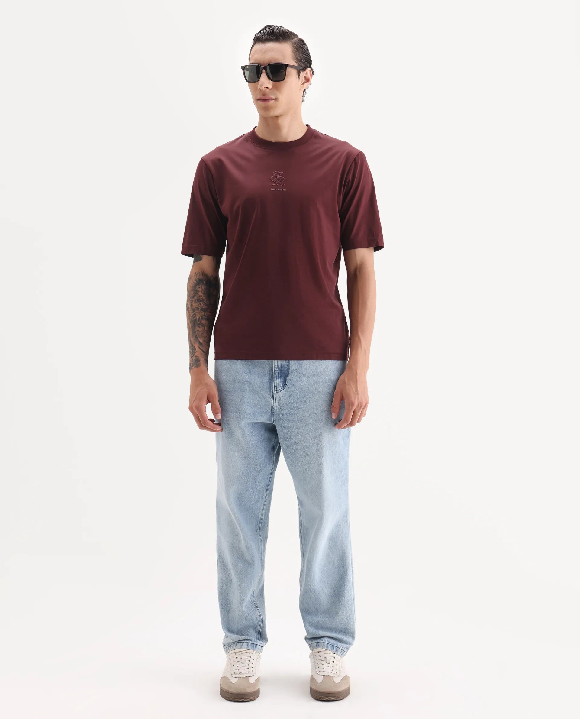 Rare Rabbit Men's Ject Maroon Cotton Fabric Half Sleeve Crew Neck Regular Fit Graphic Print T-Shirt