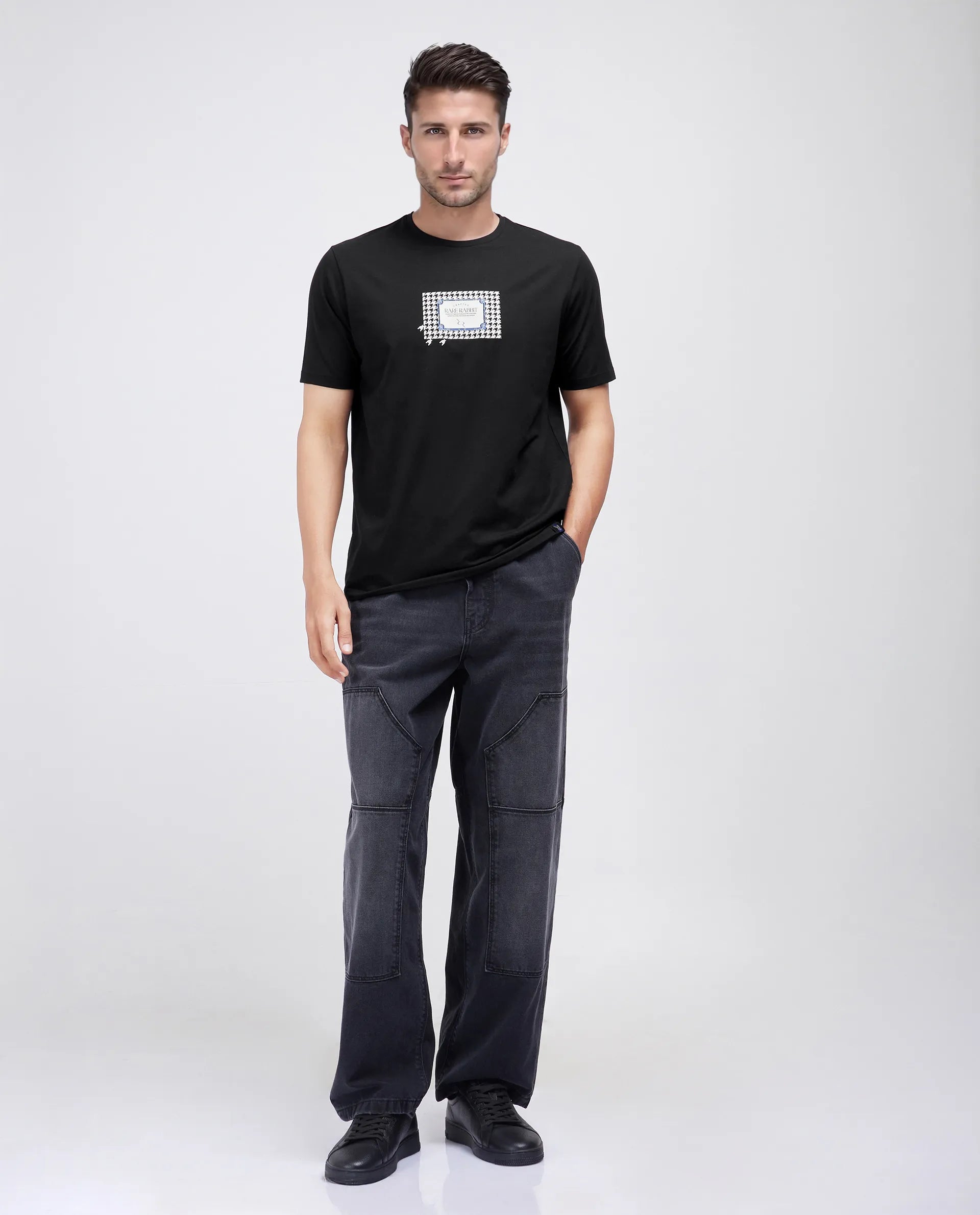 Rare Rabbit Men Jed Black Cotton Lycra Fabric Short Sleeve Crew Neck Slip-On Graphic Print T-Shirt