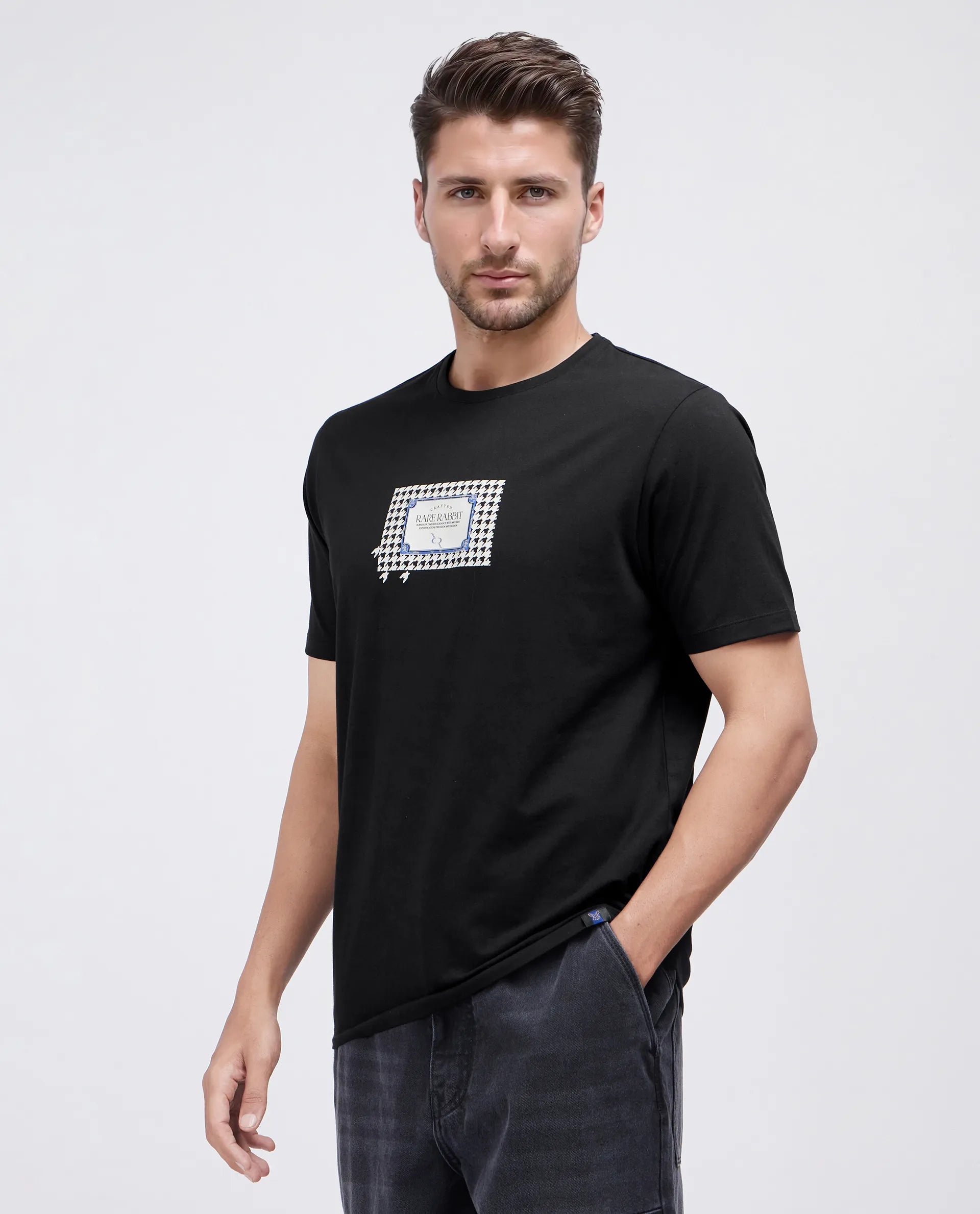 Rare Rabbit Men Jed Black Cotton Lycra Fabric Short Sleeve Crew Neck Slip-On Graphic Print T-Shirt