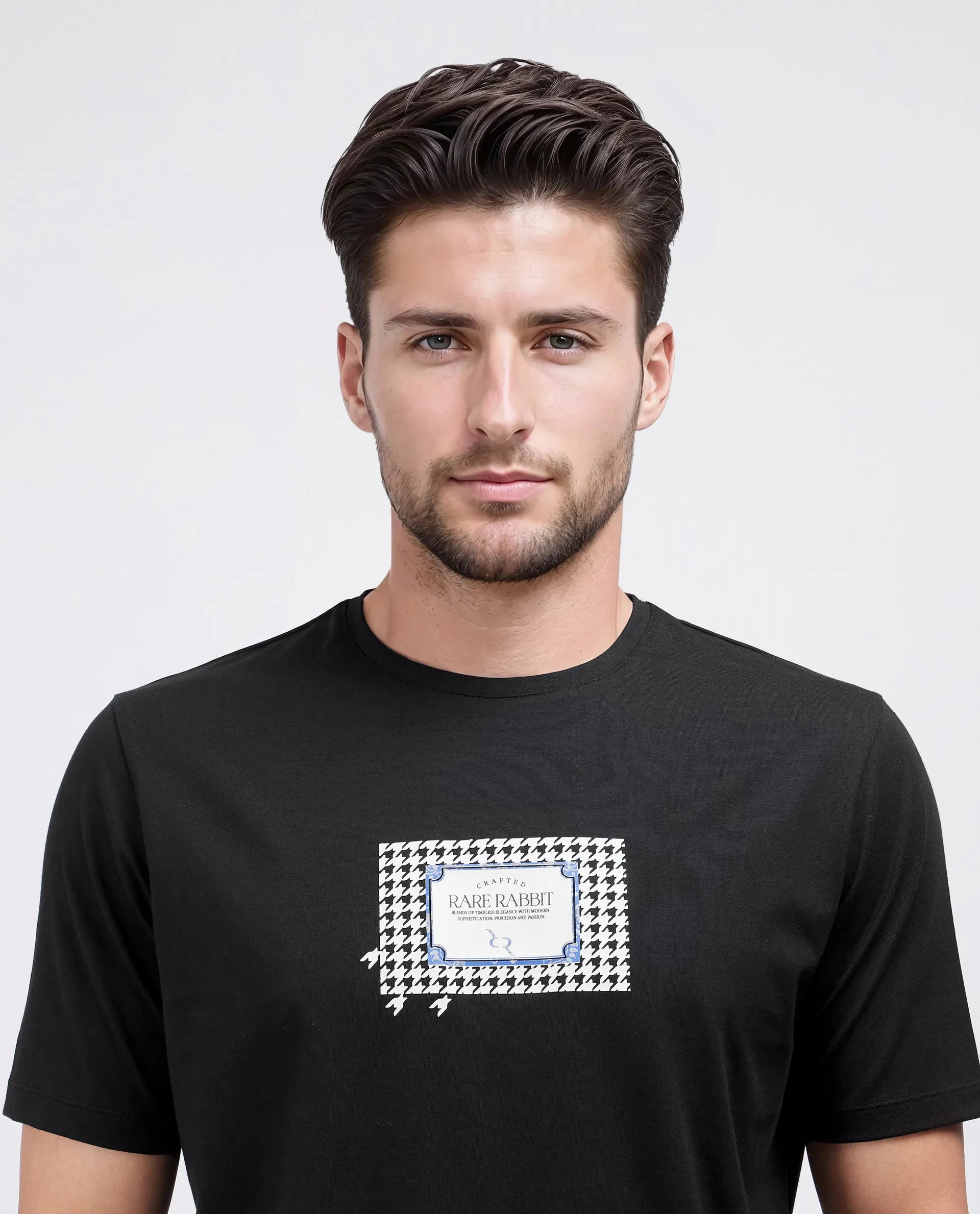 Rare Rabbit Men Jed Black Cotton Lycra Fabric Short Sleeve Crew Neck Slip-On Graphic Print T-Shirt