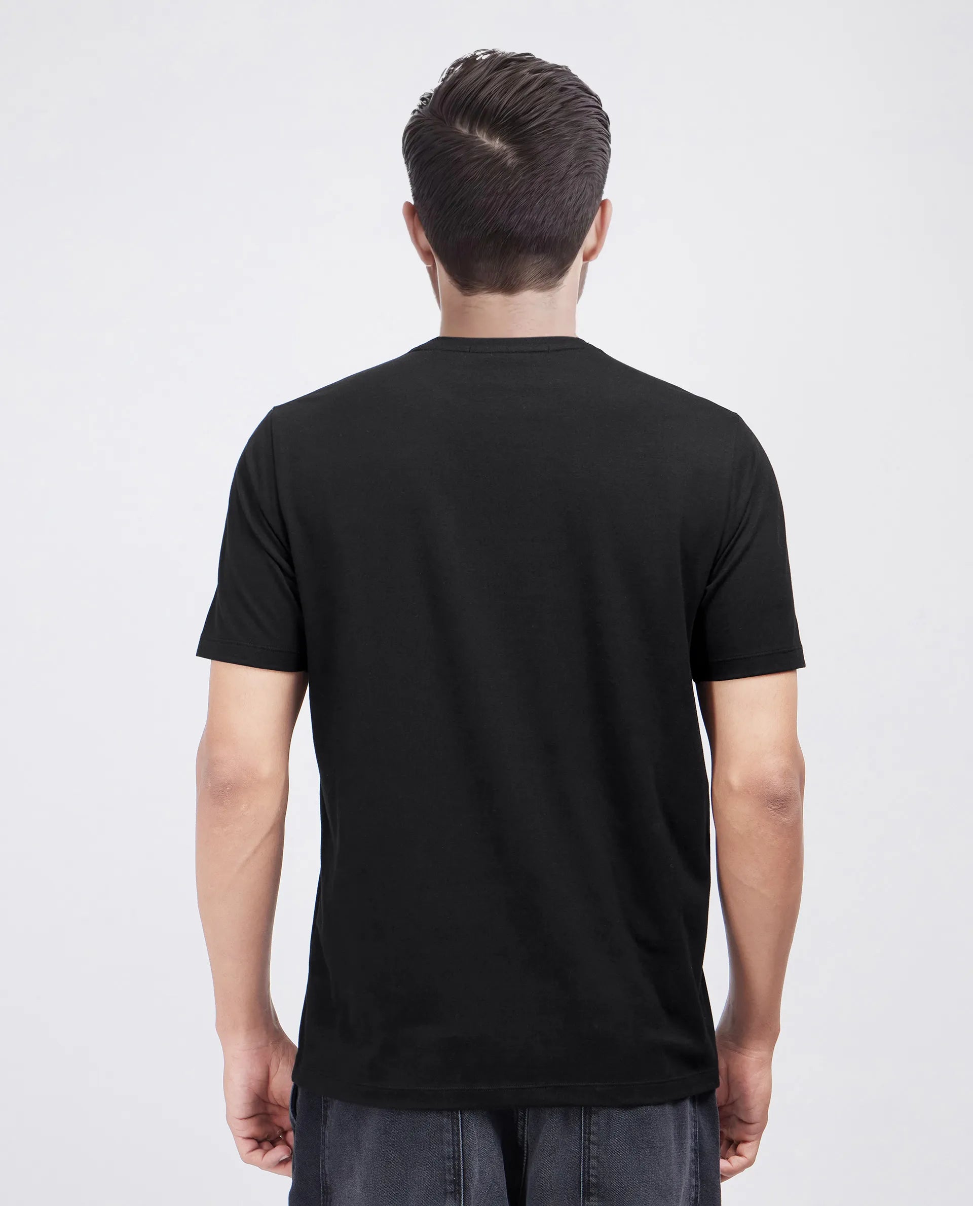 Rare Rabbit Men Jed Black Cotton Lycra Fabric Short Sleeve Crew Neck Slip-On Graphic Print T-Shirt