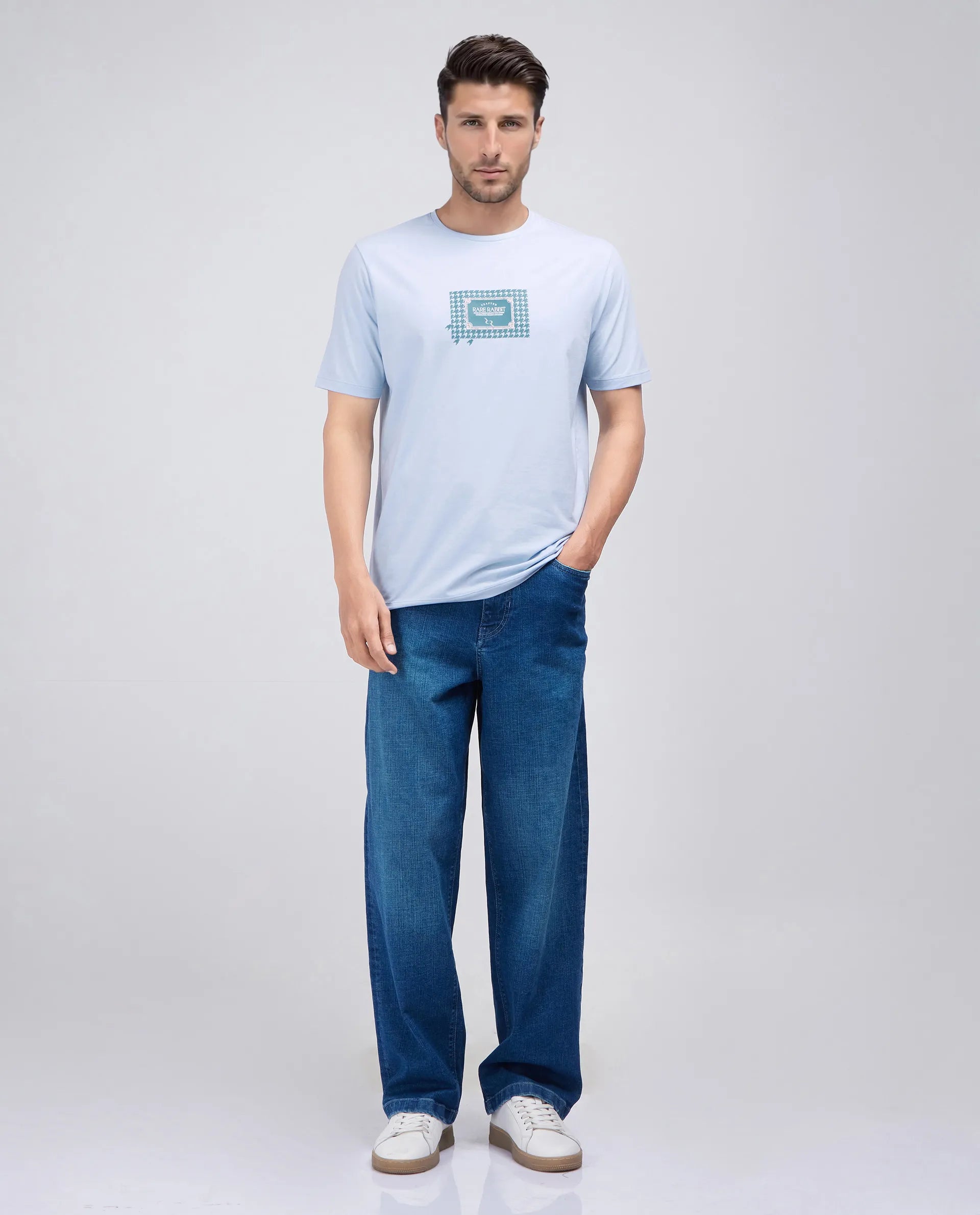 Rare Rabbit Men Jed Dusky Blue Cotton Lycra Fabric Short Sleeve Crew Neck Slip-On Graphic Print T-Shirt