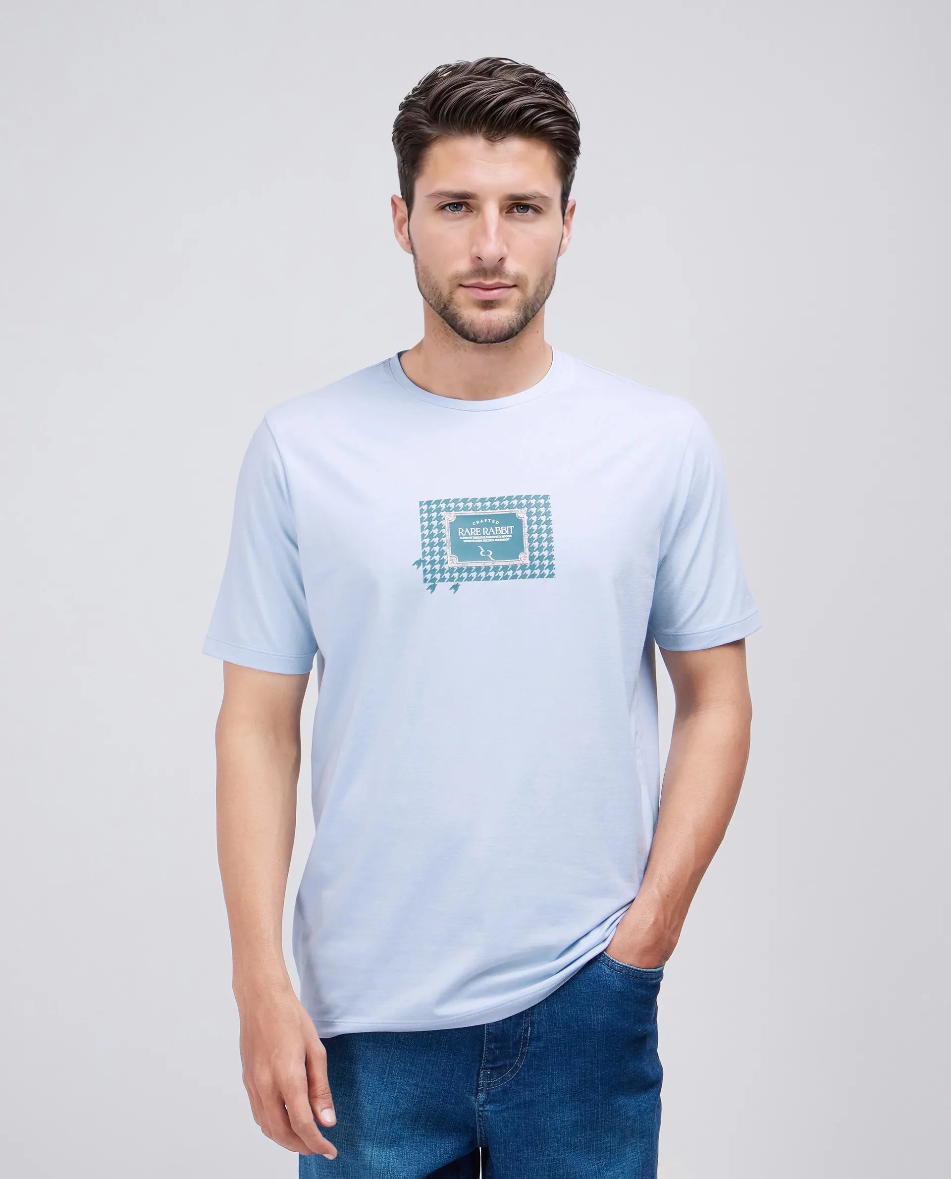 Rare Rabbit Men Jed Dusky Blue Cotton Lycra Fabric Short Sleeve Crew Neck Slip-On Graphic Print T-Shirt