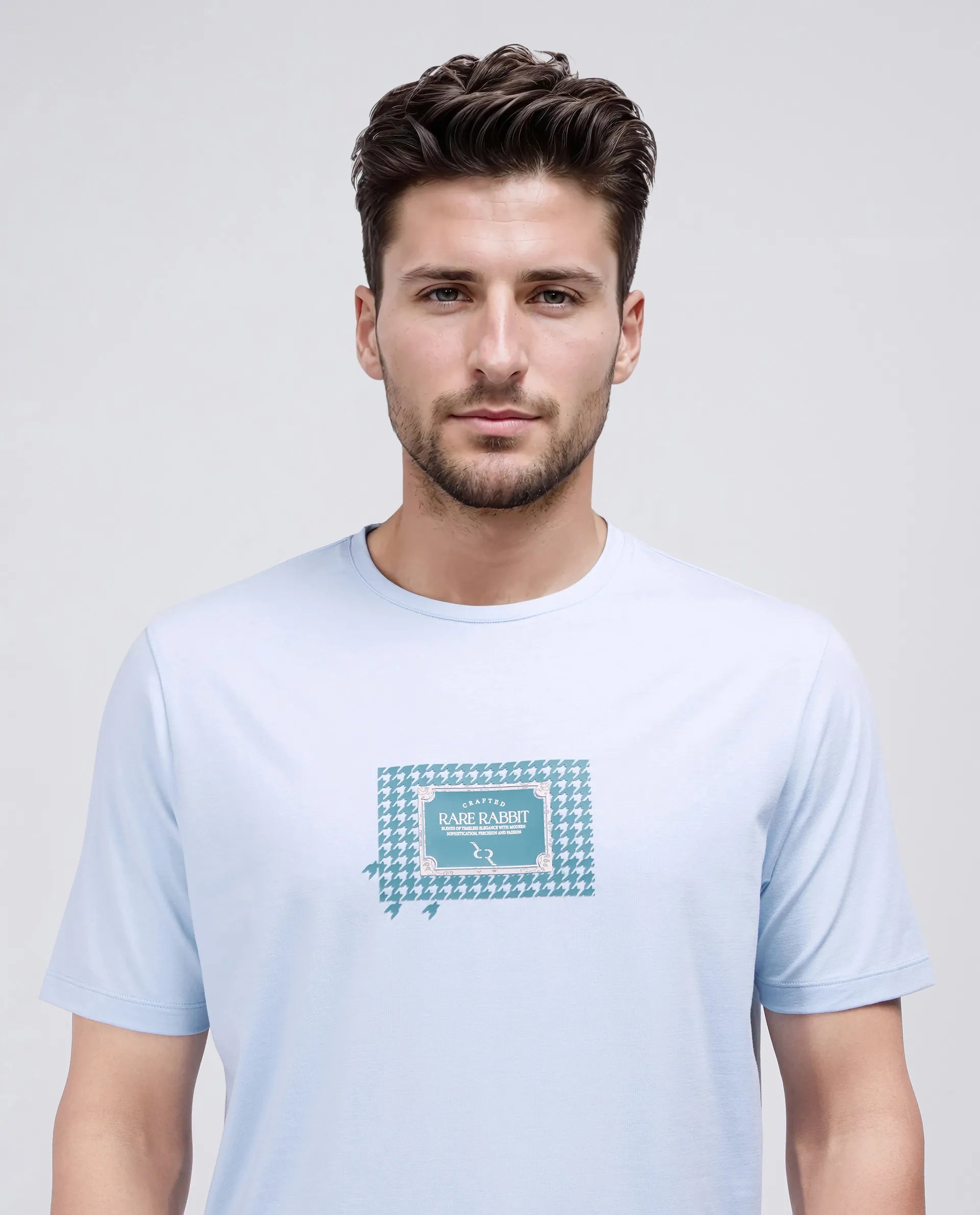 Rare Rabbit Men Jed Dusky Blue Cotton Lycra Fabric Short Sleeve Crew Neck Slip-On Graphic Print T-Shirt