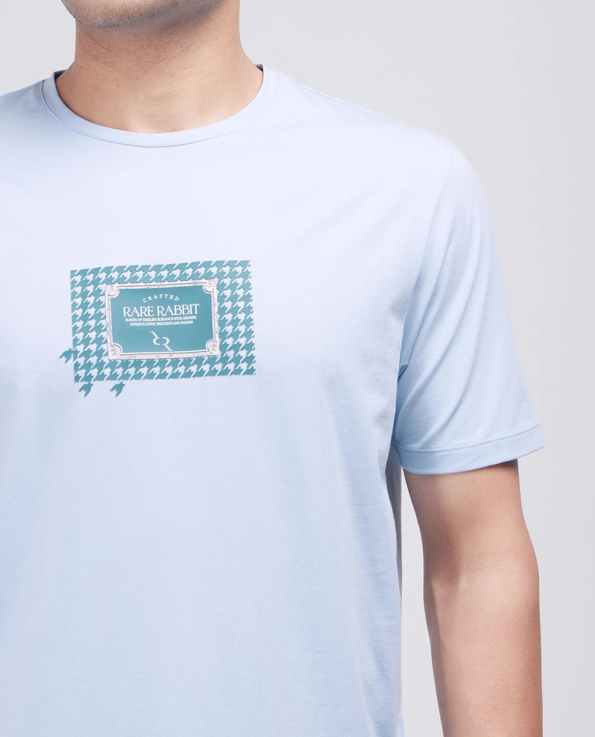 Rare Rabbit Men Jed Dusky Blue Cotton Lycra Fabric Short Sleeve Crew Neck Slip-On Graphic Print T-Shirt