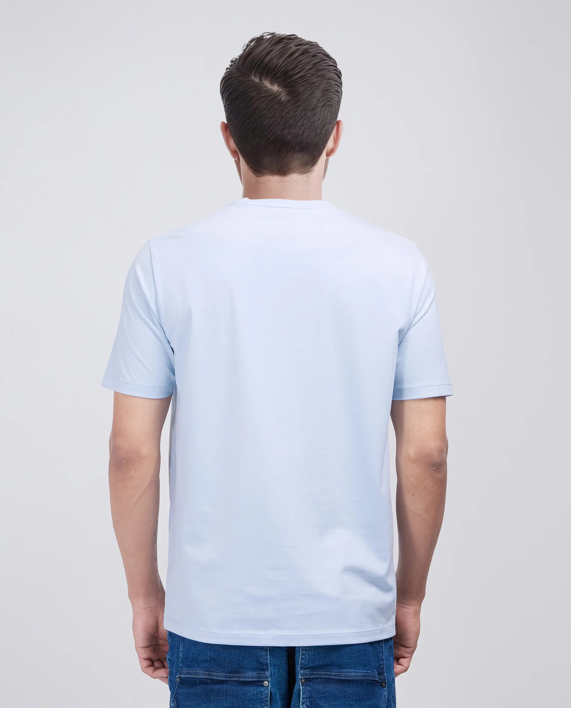 Rare Rabbit Men Jed Dusky Blue Cotton Lycra Fabric Short Sleeve Crew Neck Slip-On Graphic Print T-Shirt