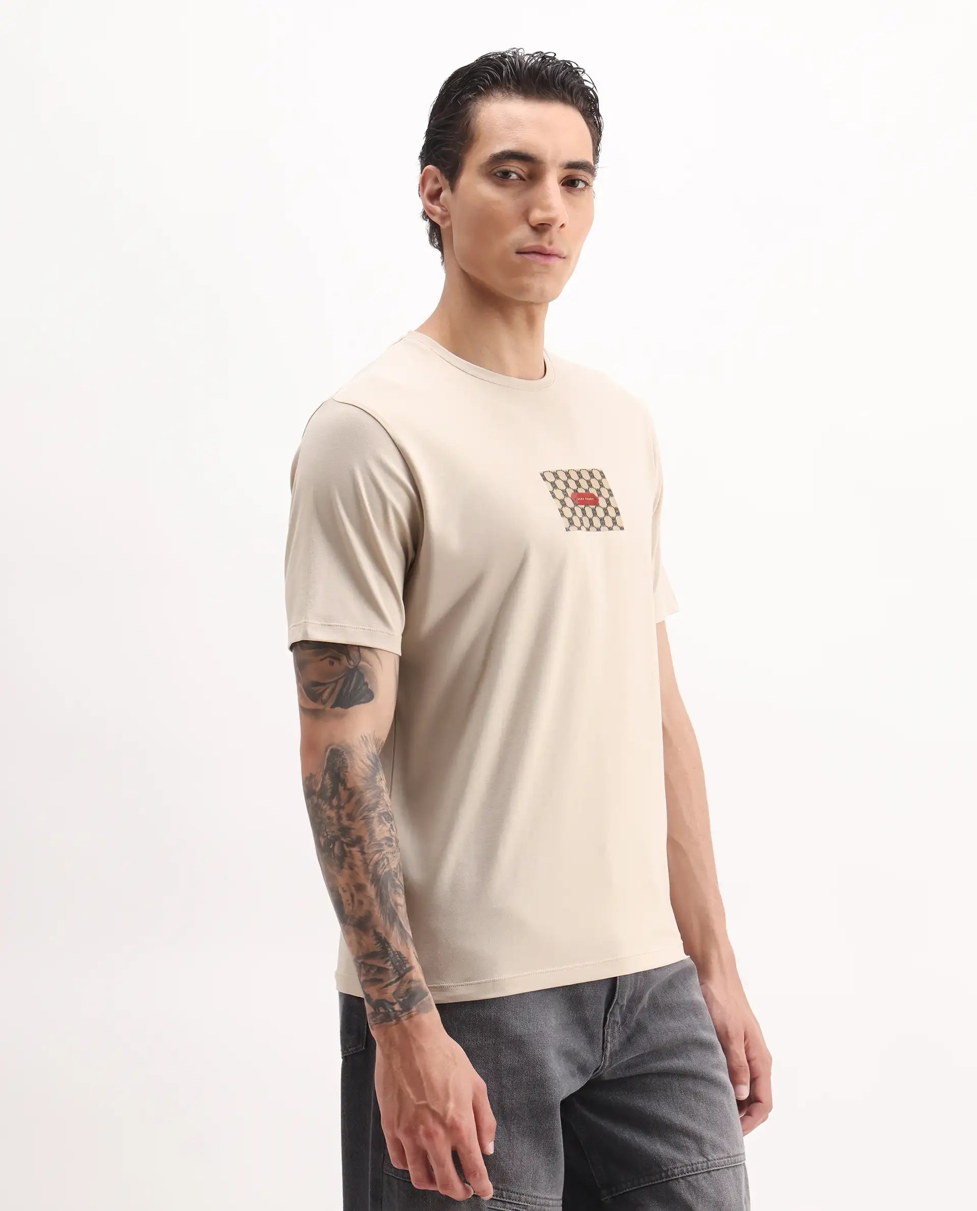 Rare Rabbit Men's Jedy Beige Cotton Blend Graphic Print Regular Fit Half Sleeve Crew Neck T-Shirt