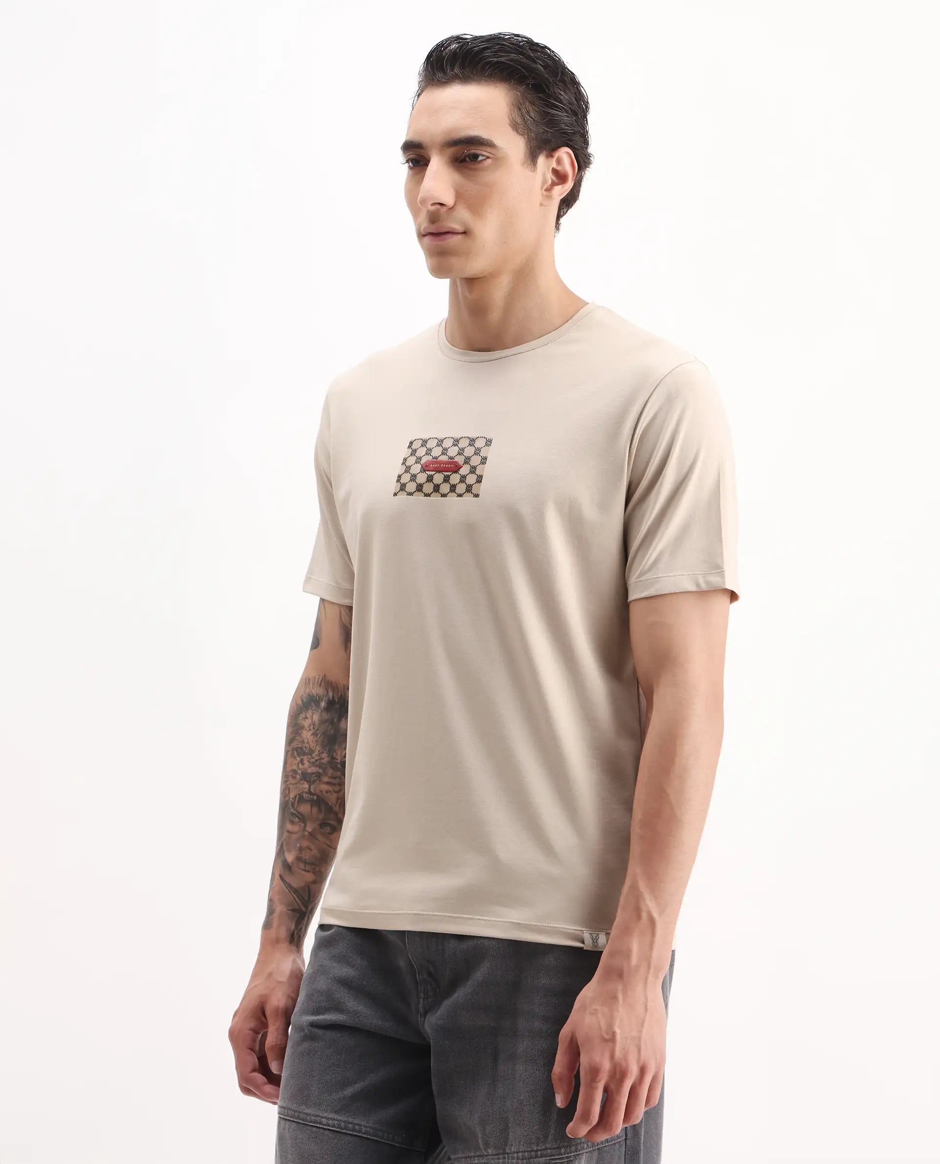 Rare Rabbit Men's Jedy Beige Cotton Blend Graphic Print Regular Fit Half Sleeve Crew Neck T-Shirt