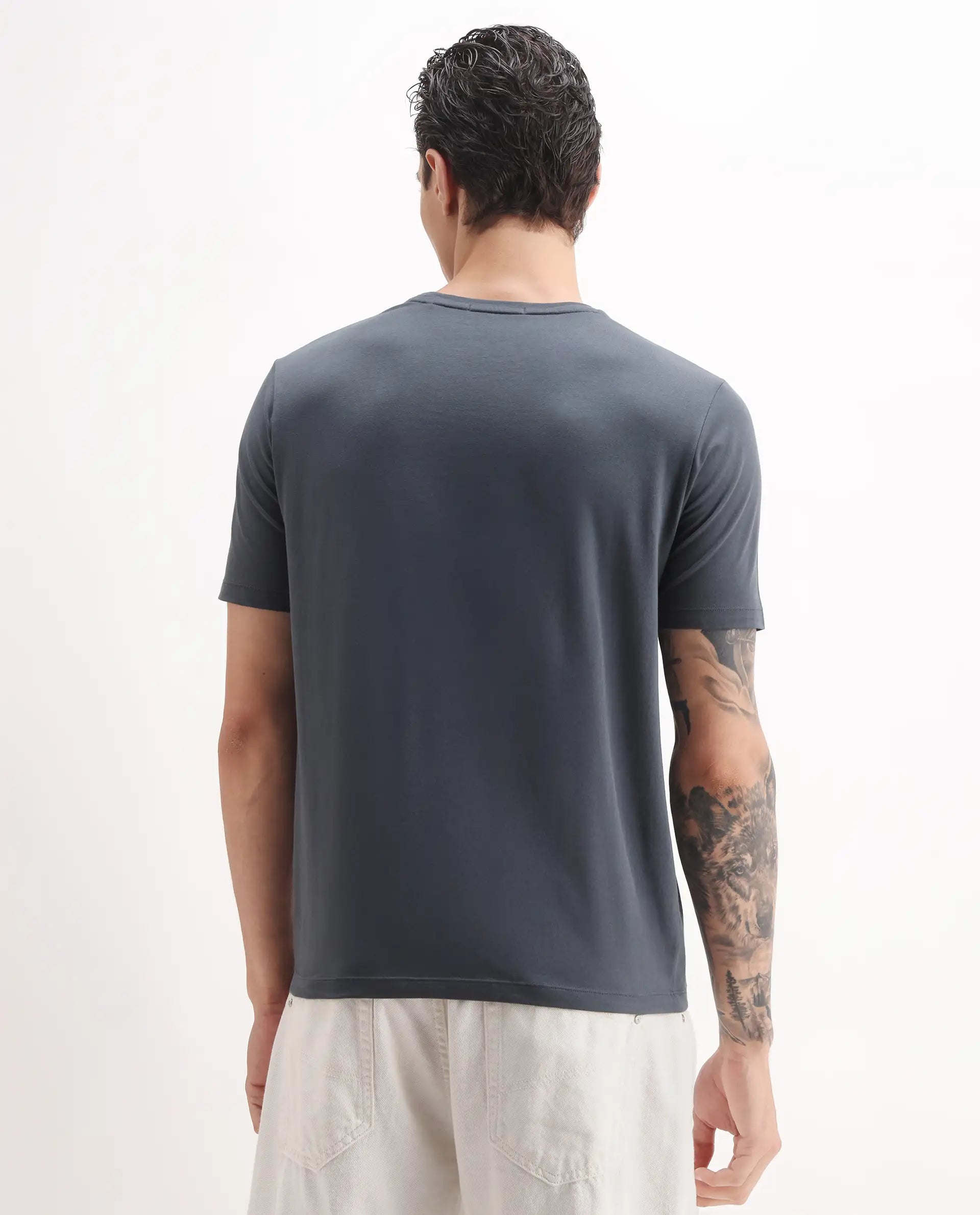 Rare Rabbit Men's Jedy Dusky Blue Cotton Blend Graphic Print Regular Fit Half Sleeve Crew Neck T-Shirt