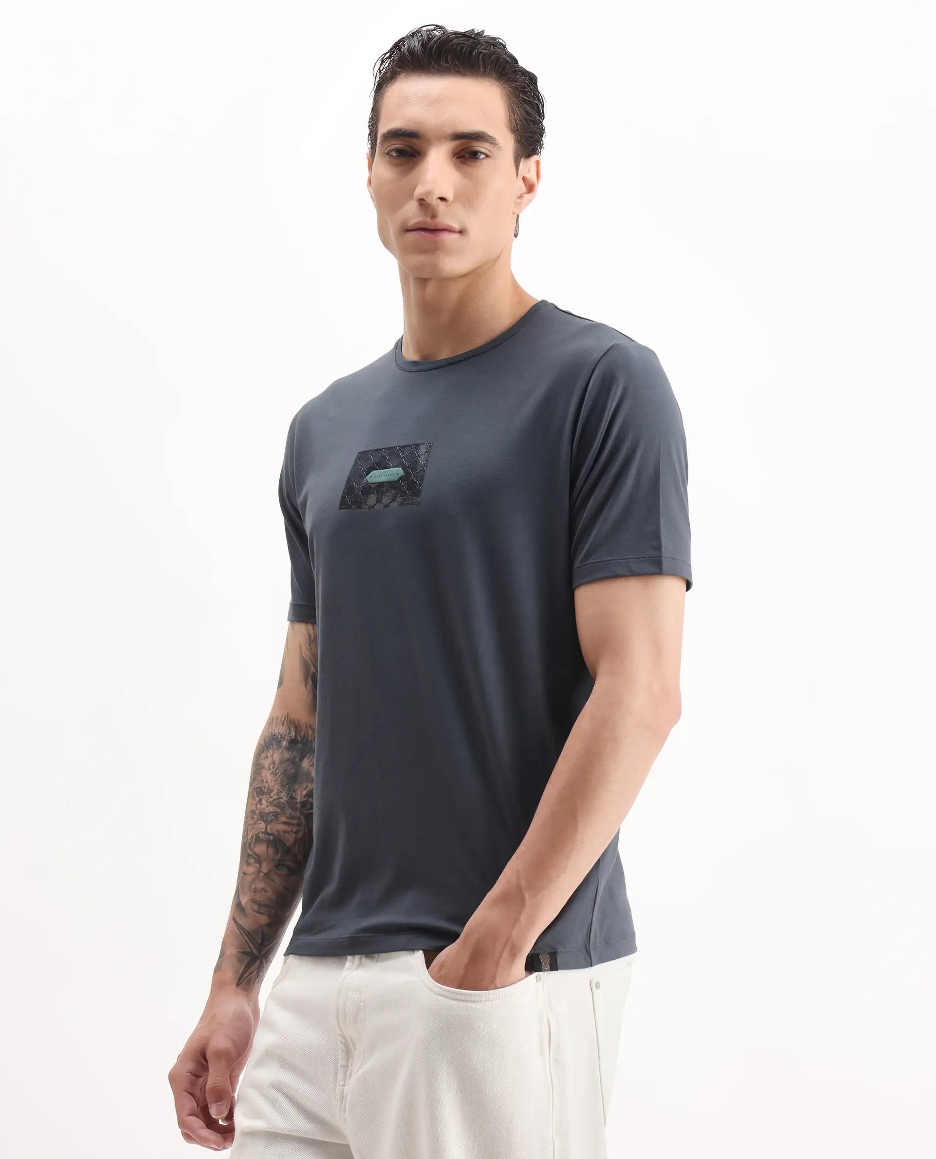 Rare Rabbit Men's Jedy Dusky Blue Cotton Blend Graphic Print Regular Fit Half Sleeve Crew Neck T-Shirt