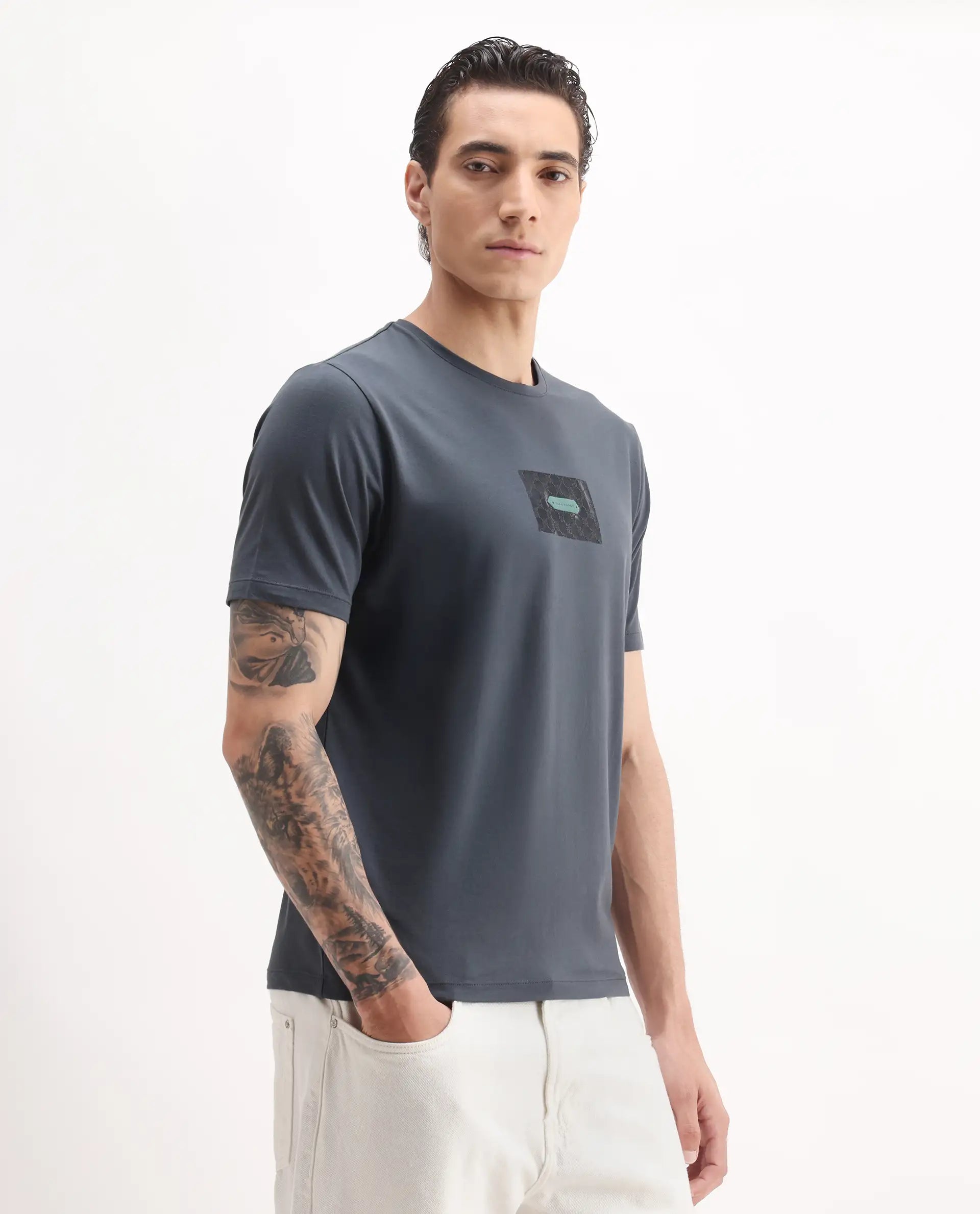 Rare Rabbit Men's Jedy Dusky Blue Cotton Blend Graphic Print Regular Fit Half Sleeve Crew Neck T-Shirt