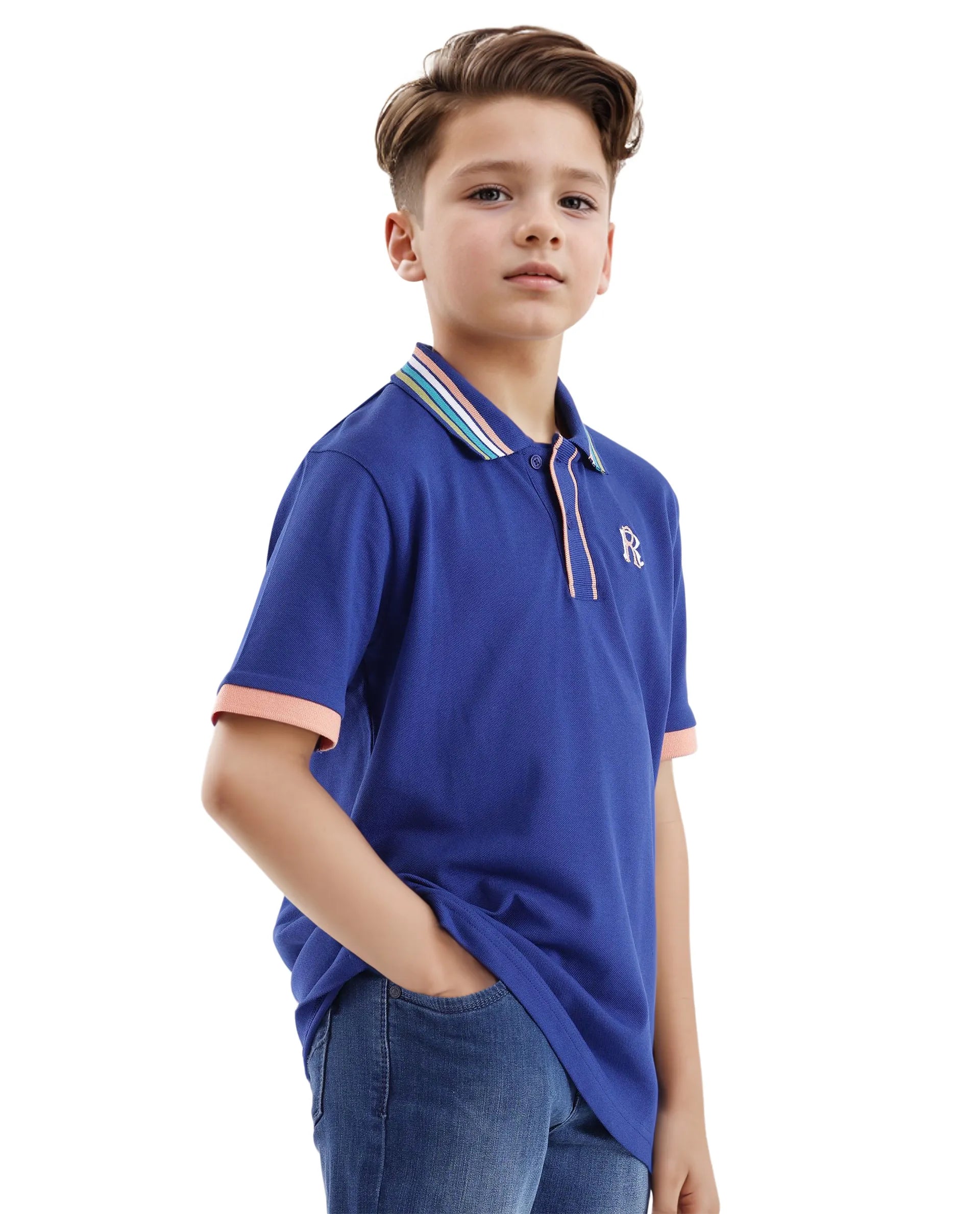 Rare Ones Kids Jef Dark Blue Cotton Short Sleeve Embroidered Polo
