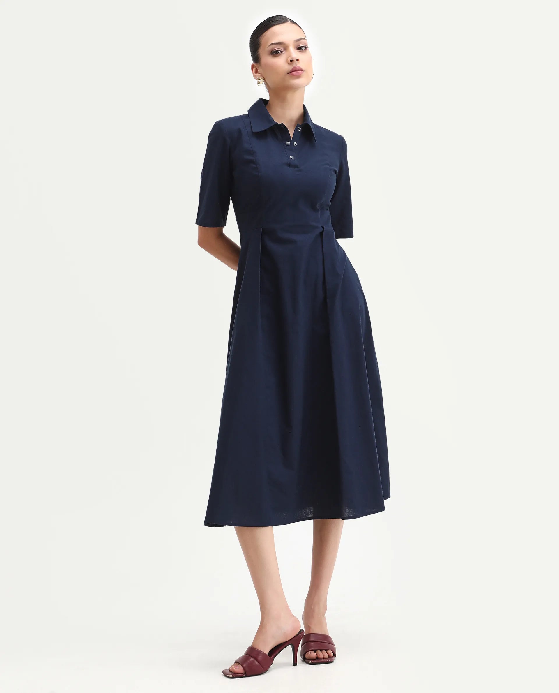 Rareism Women's Jefo Navy Cotton Collared Neck Fit And Flare Plain Midi Dress