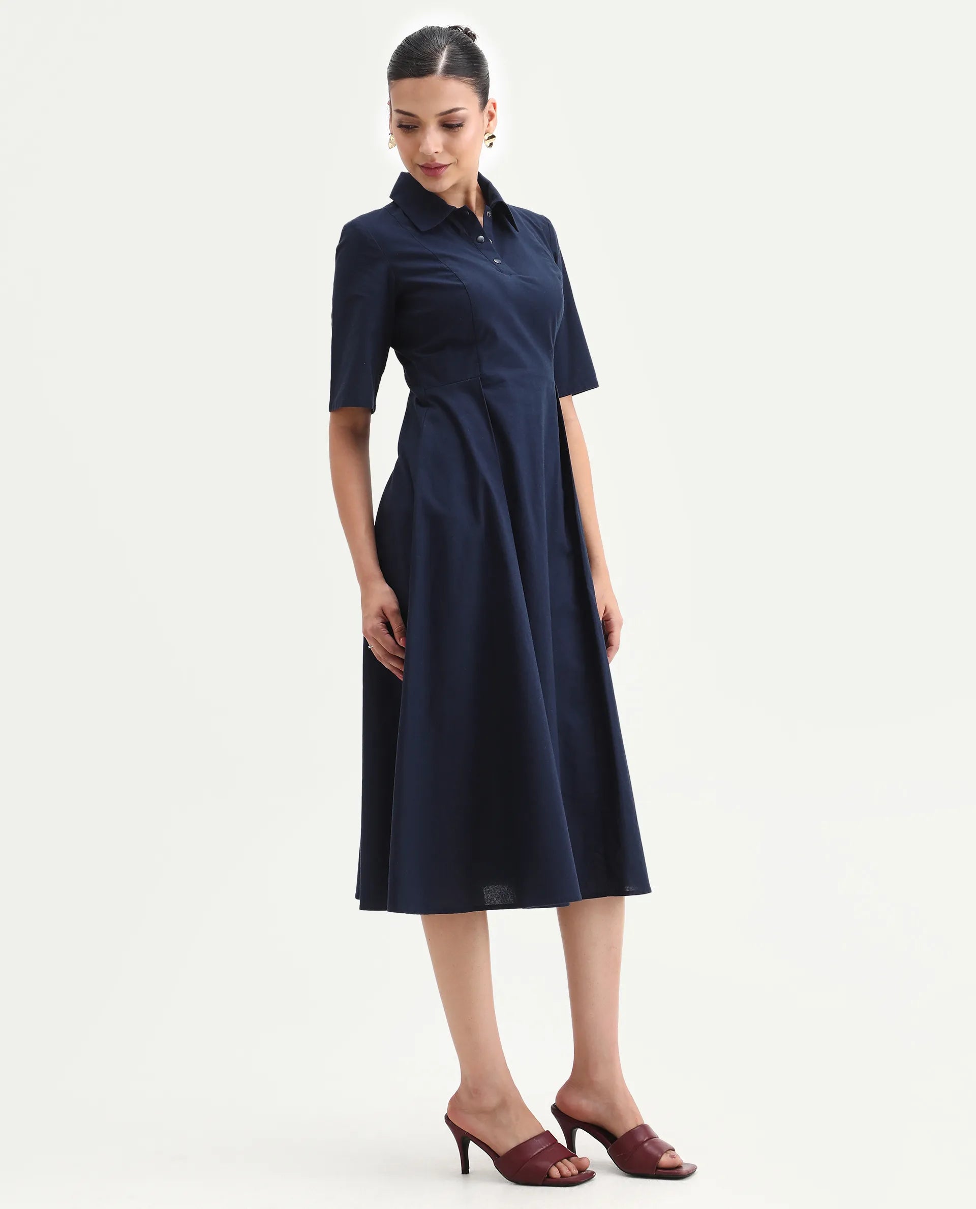 Rareism Women's Jefo Navy Cotton Collared Neck Fit And Flare Plain Midi Dress