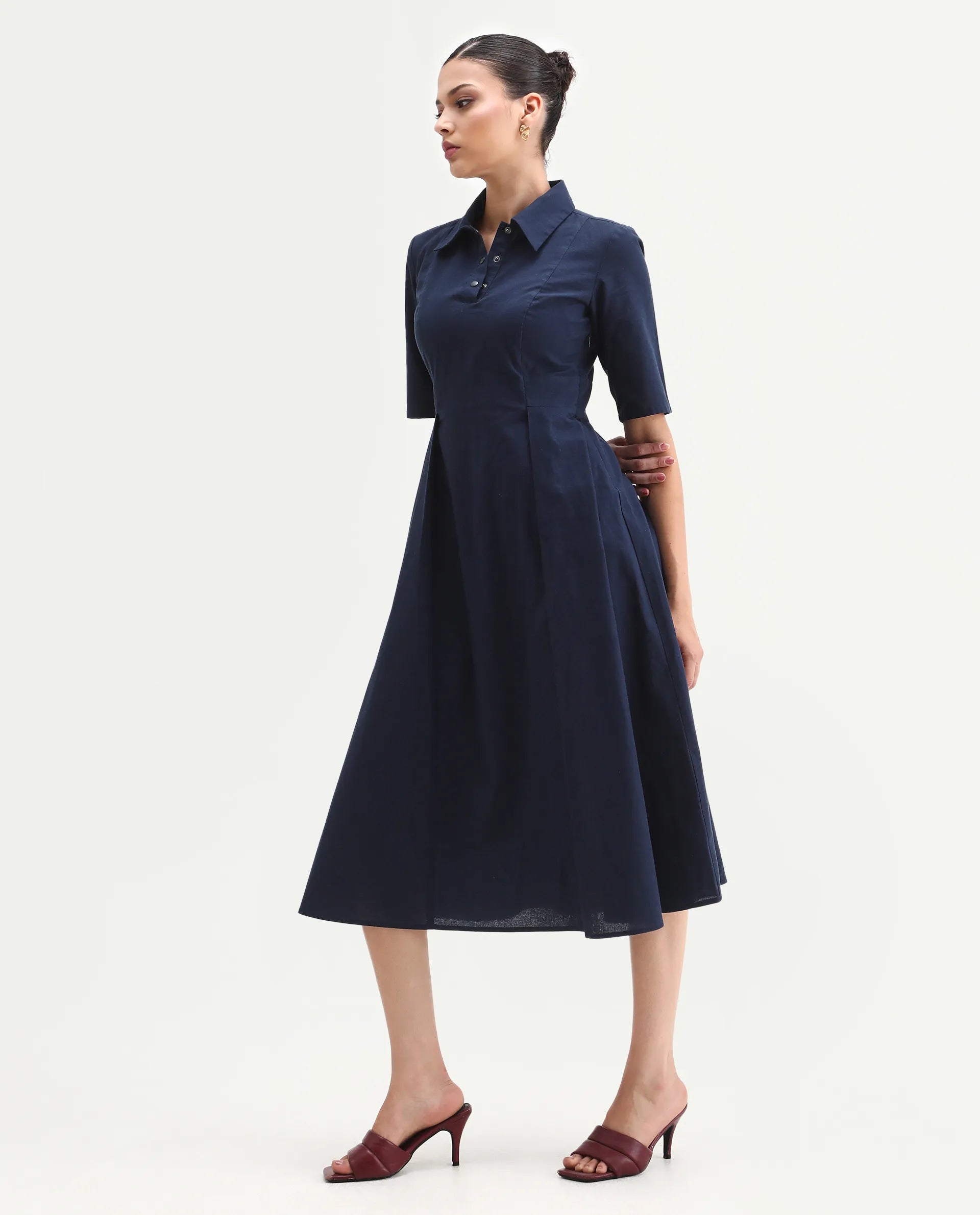 Rareism Women's Jefo Navy Cotton Collared Neck Fit And Flare Plain Midi Dress
