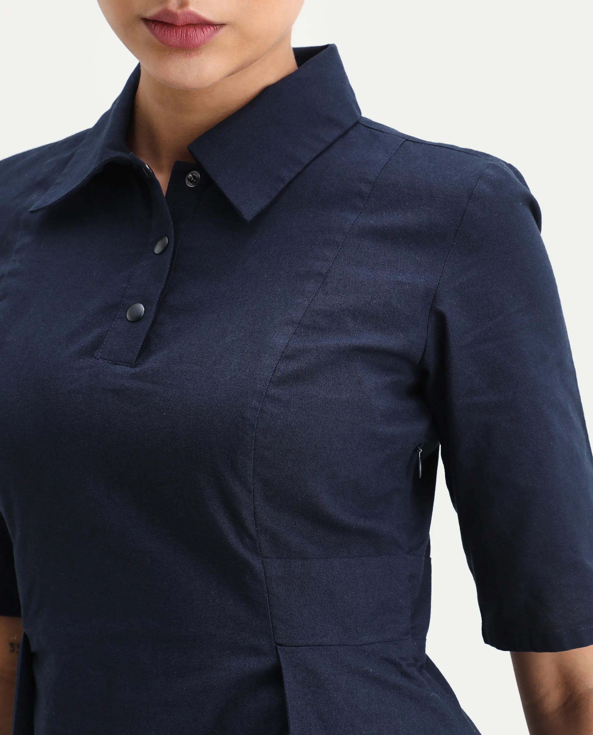 Rareism Women's Jefo Navy Cotton Collared Neck Fit And Flare Plain Midi Dress