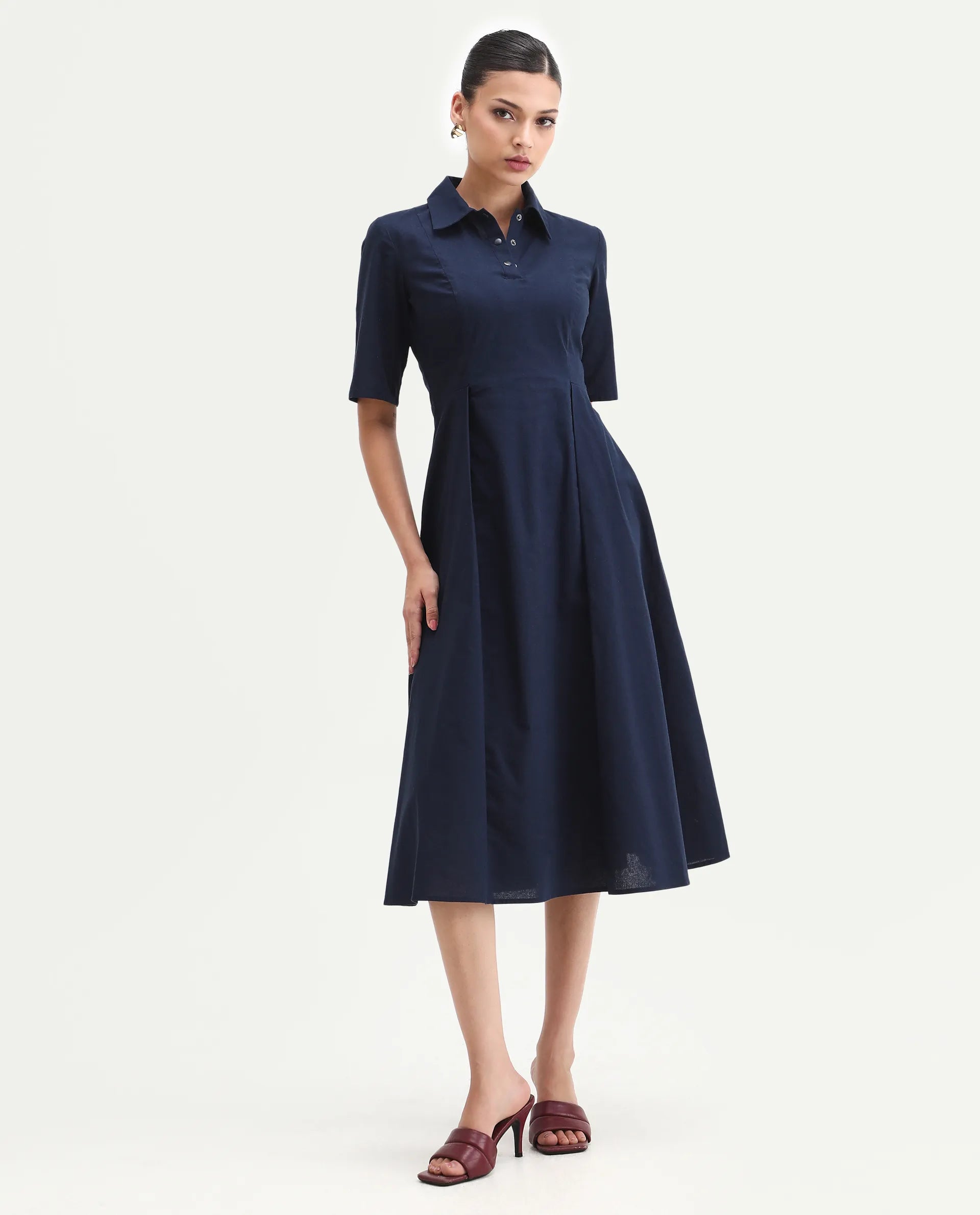 Rareism Women's Jefo Navy Cotton Collared Neck Fit And Flare Plain Midi Dress