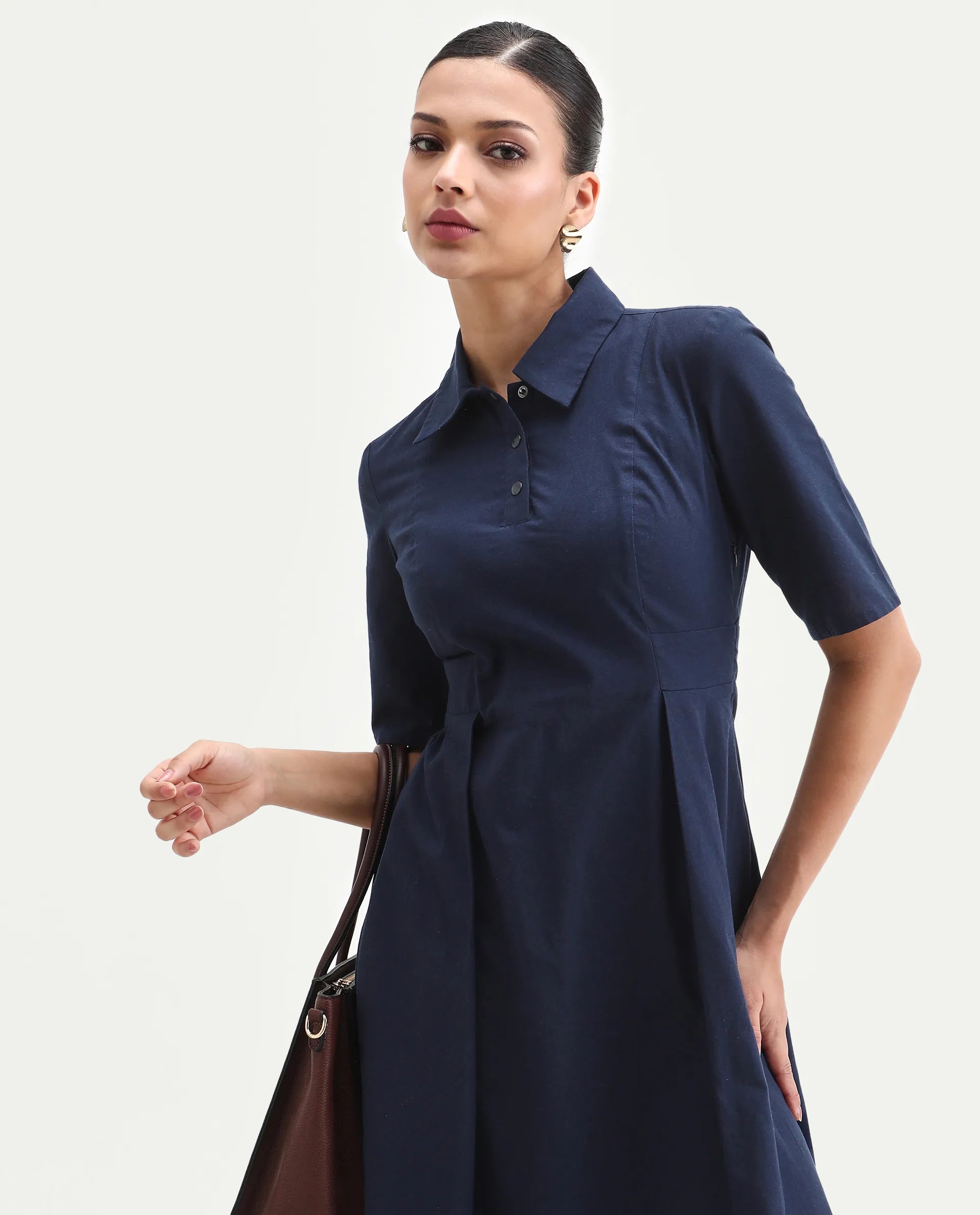 Rareism Women's Jefo Navy Cotton Collared Neck Fit And Flare Plain Midi Dress