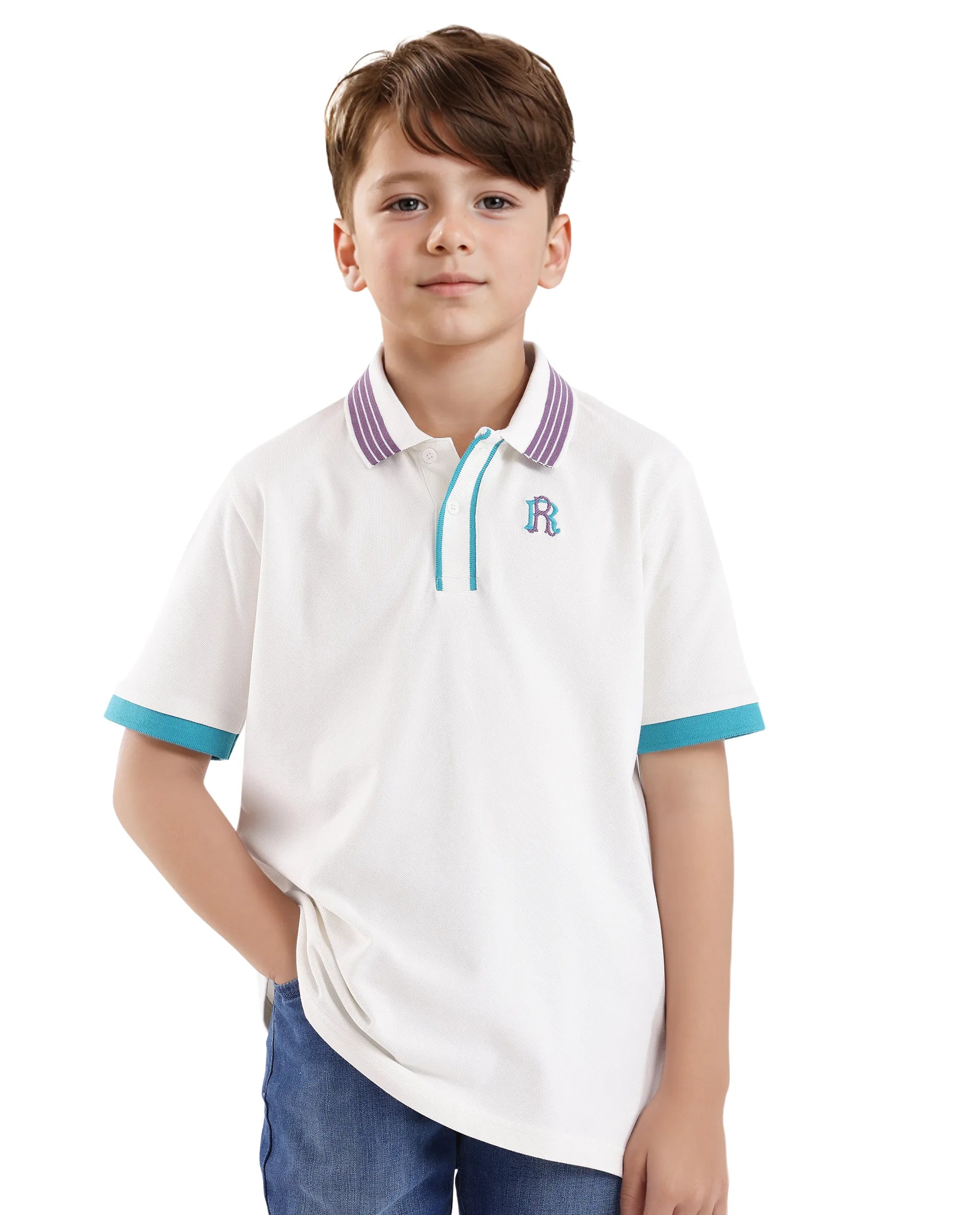 Rare Ones Kids Jef White Cotton Short Sleeve Contrasting Collar Solid Polo
