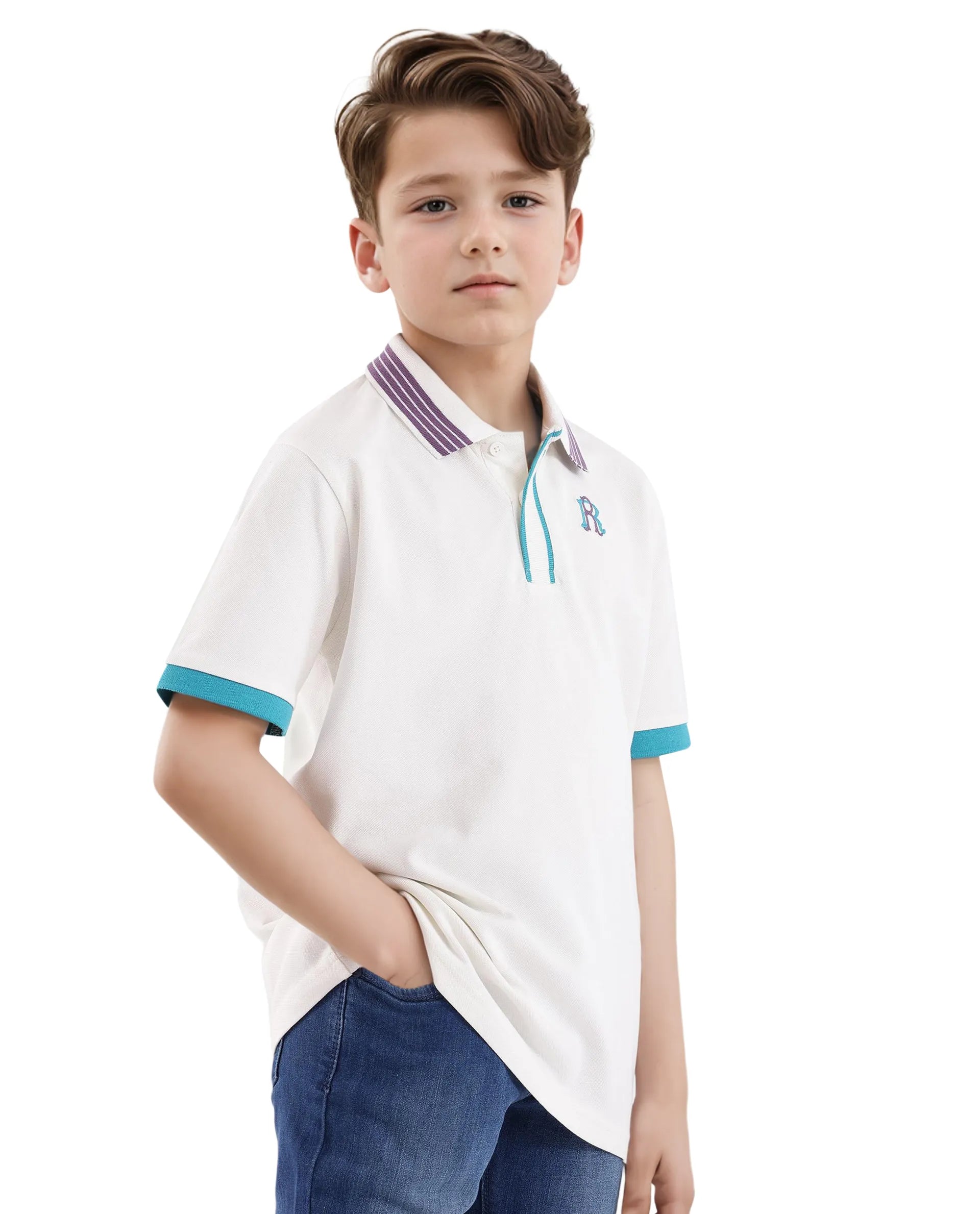 Rare Ones Kids Jef White Cotton Short Sleeve Contrasting Collar Solid Polo