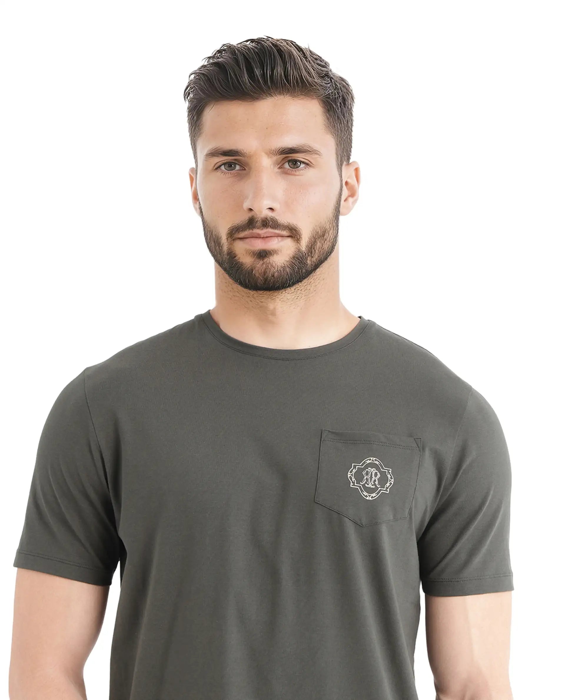 Rare Rabbit Men Jeko Dark Green Cotton Blend Fabric Short Sleeve Crew Neck Embroidered Pocket Placement T-Shirt