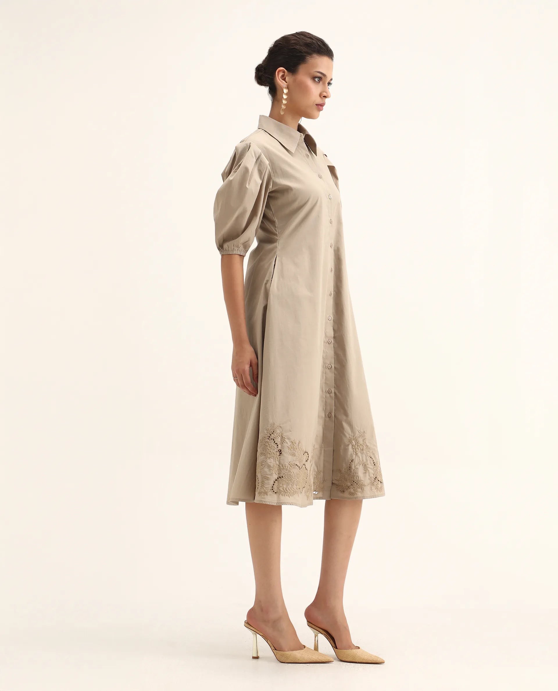 Rareism Women's Jembo Beige Cotton Collared Neck A-Line Geometric Print Midi Dress