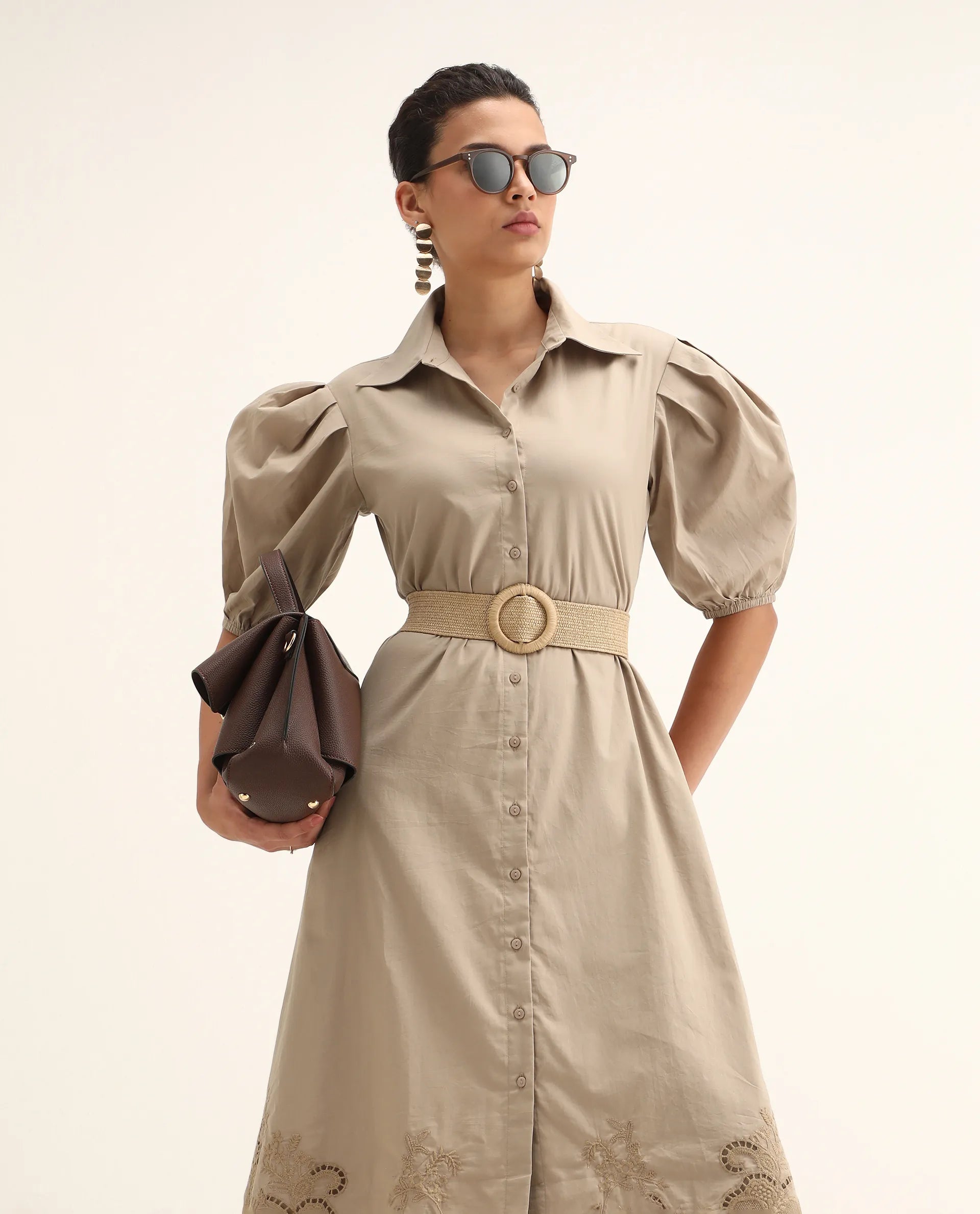 Rareism Women's Jembo Beige Cotton Collared Neck A-Line Geometric Print Midi Dress