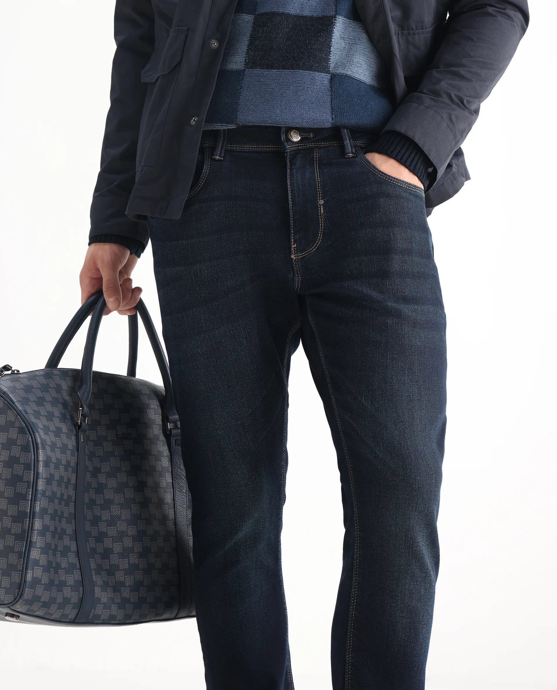 Rare Rabbit Men's Jena Dusky Blue Cotton Blend Plain Hawk Slim Fit Jeans