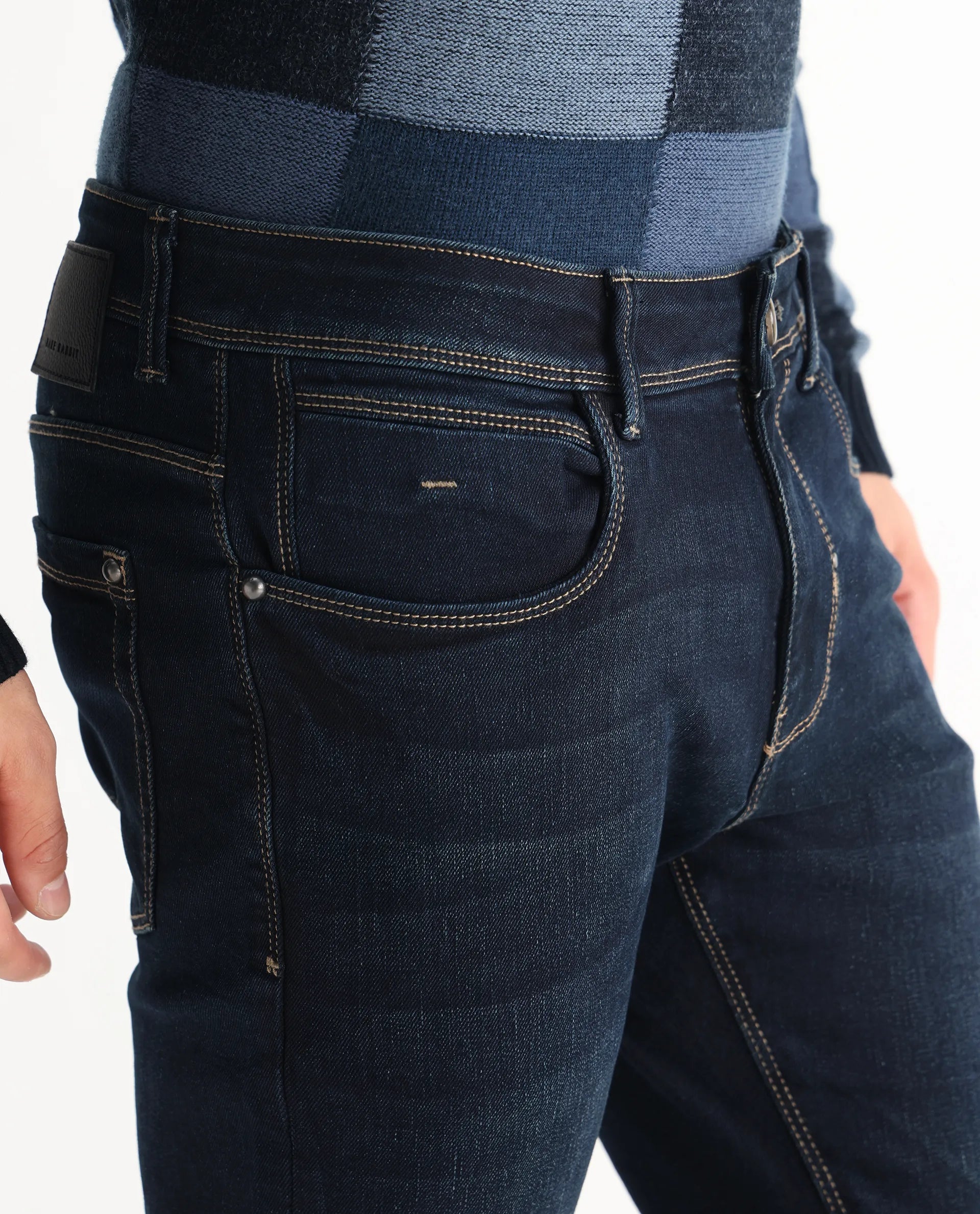 Rare Rabbit Men's Jena Dusky Blue Cotton Blend Plain Hawk Slim Fit Jeans