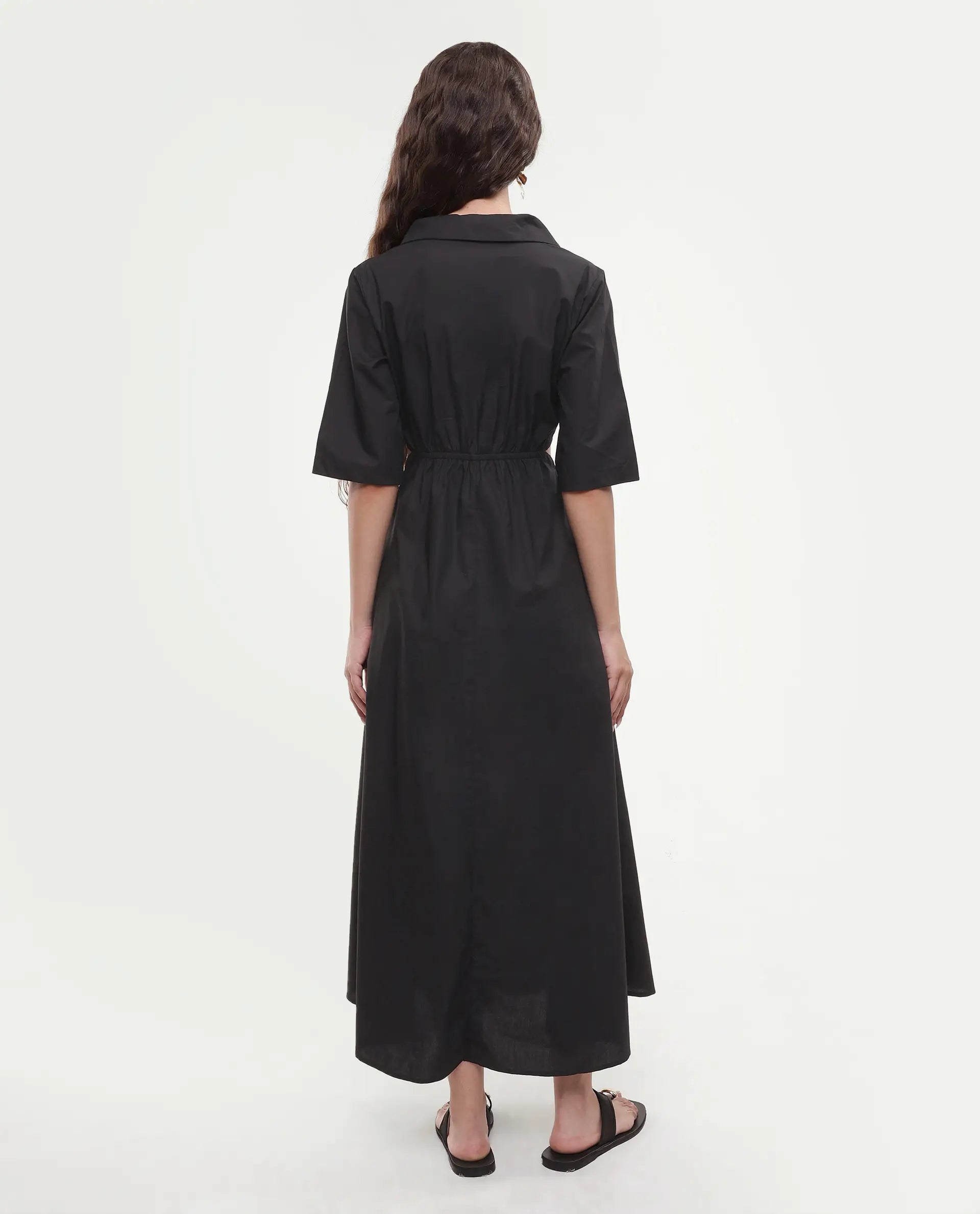 Rareism Women's Jenbo Black Cotton Lapel Neck A-Line Plain Dress