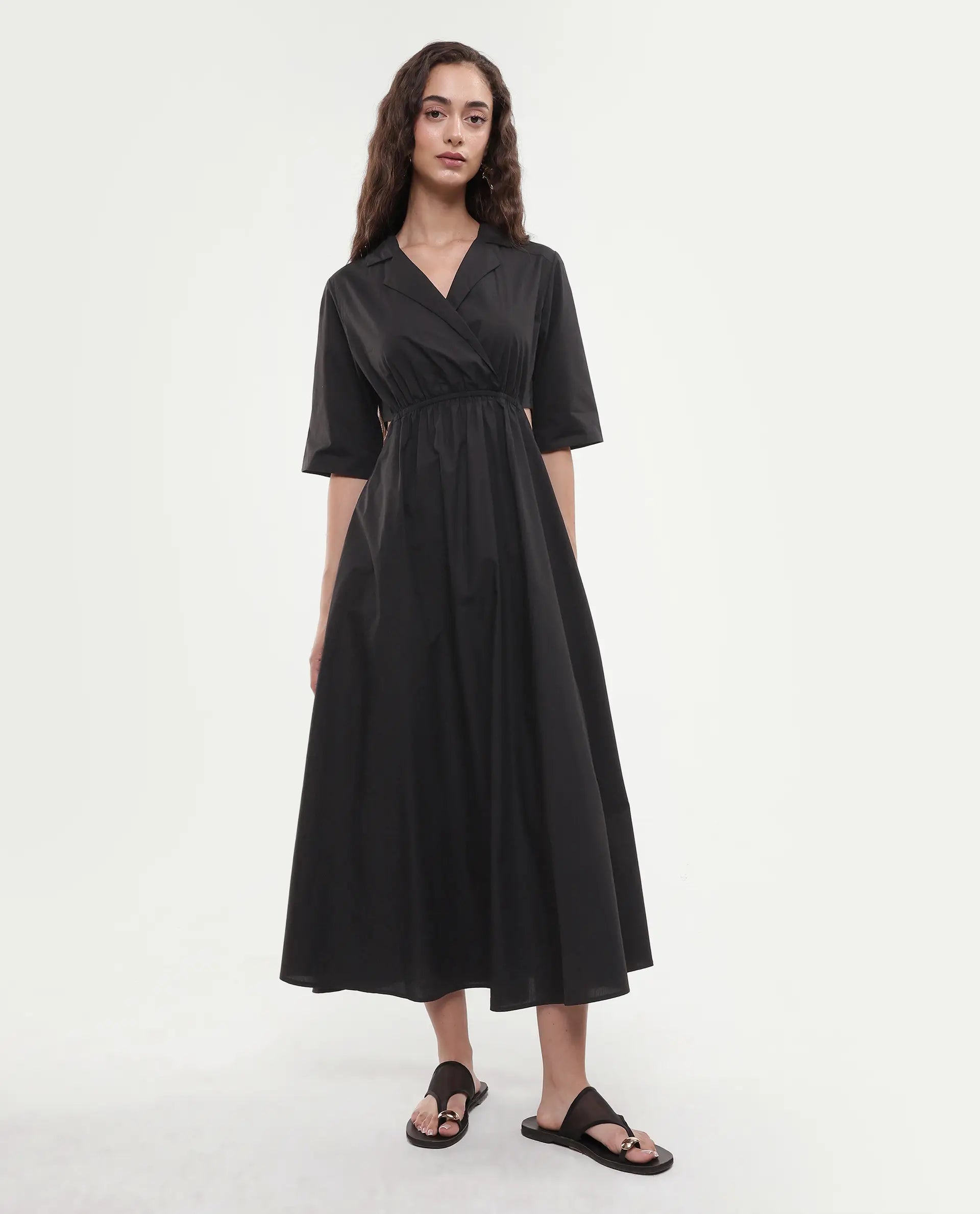 Rareism Women's Jenbo Black Cotton Lapel Neck A-Line Plain Dress