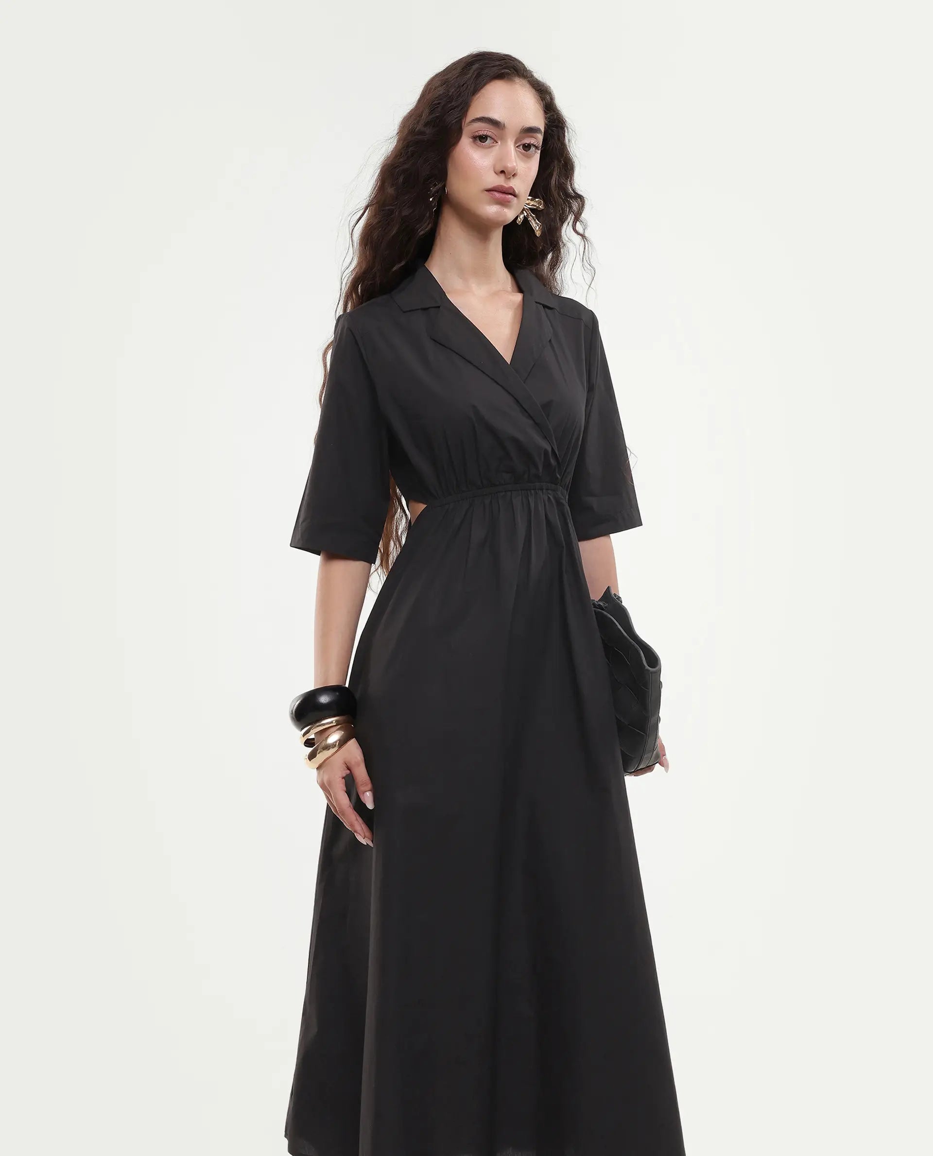 Rareism Women's Jenbo Black Cotton Lapel Neck A-Line Plain Dress