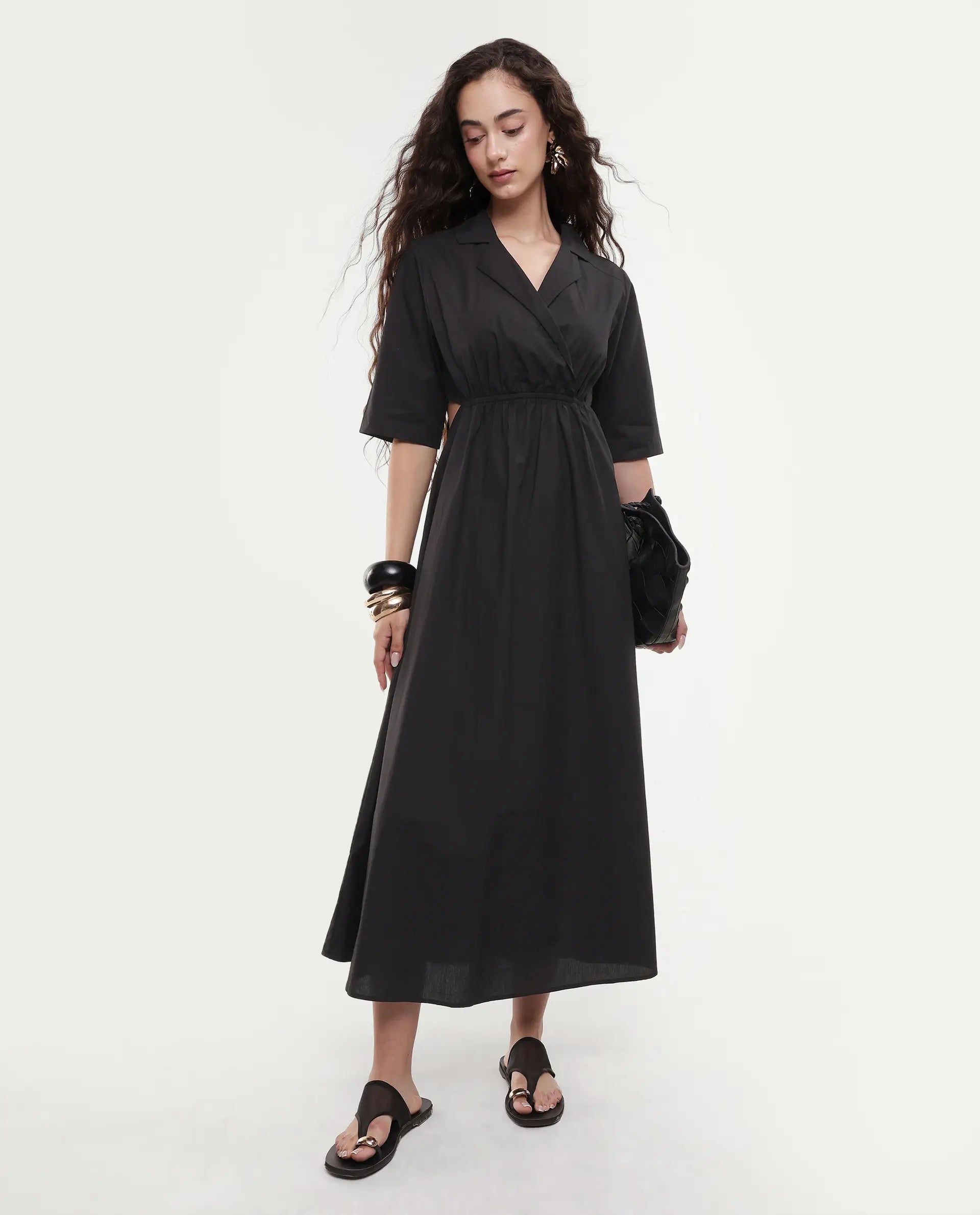 Rareism Women's Jenbo Black Cotton Lapel Neck A-Line Plain Dress