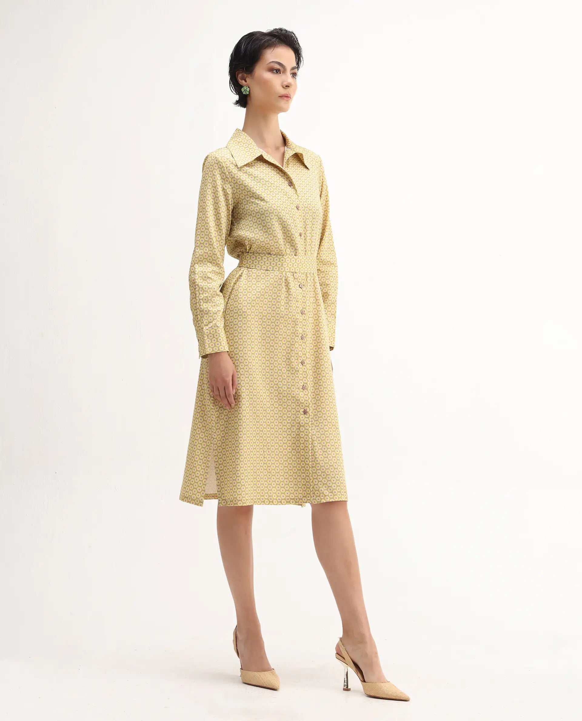 Rareism Women's Jenby Yellow Cotton Collared Neck Straight Fit Midi Dress