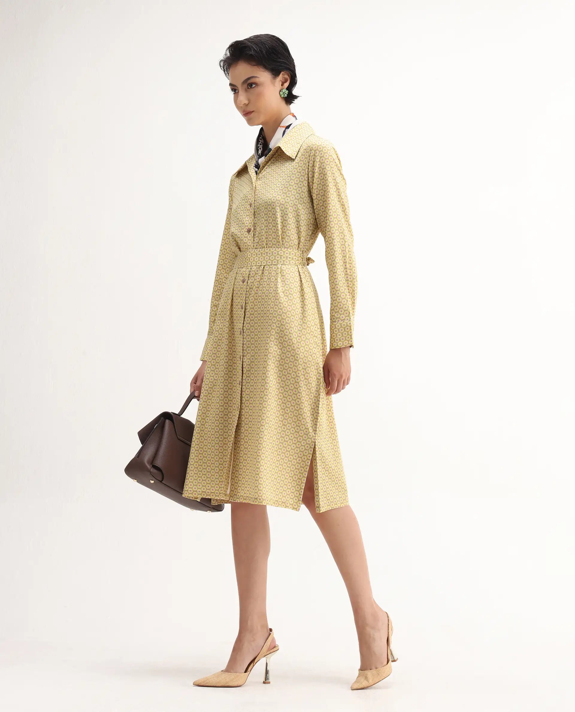 Rareism Women's Jenby Yellow Cotton Collared Neck Straight Fit Midi Dress