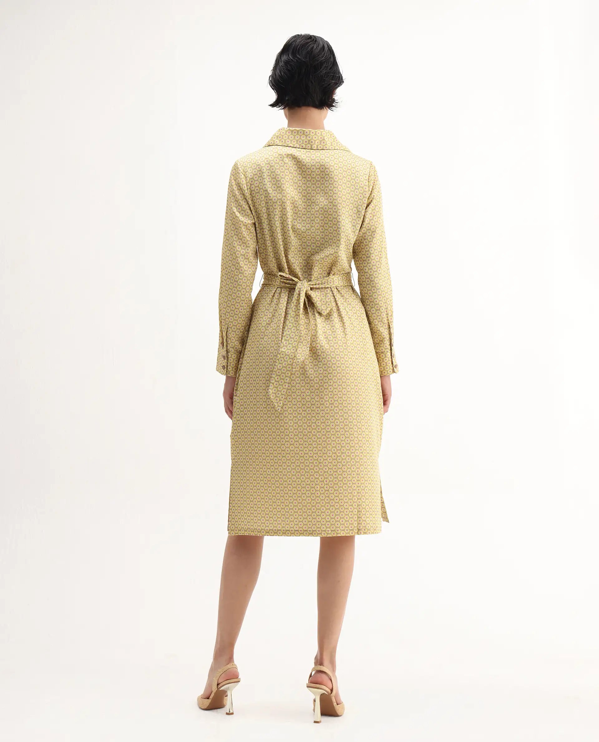 Rareism Women's Jenby Yellow Cotton Collared Neck Straight Fit Midi Dress