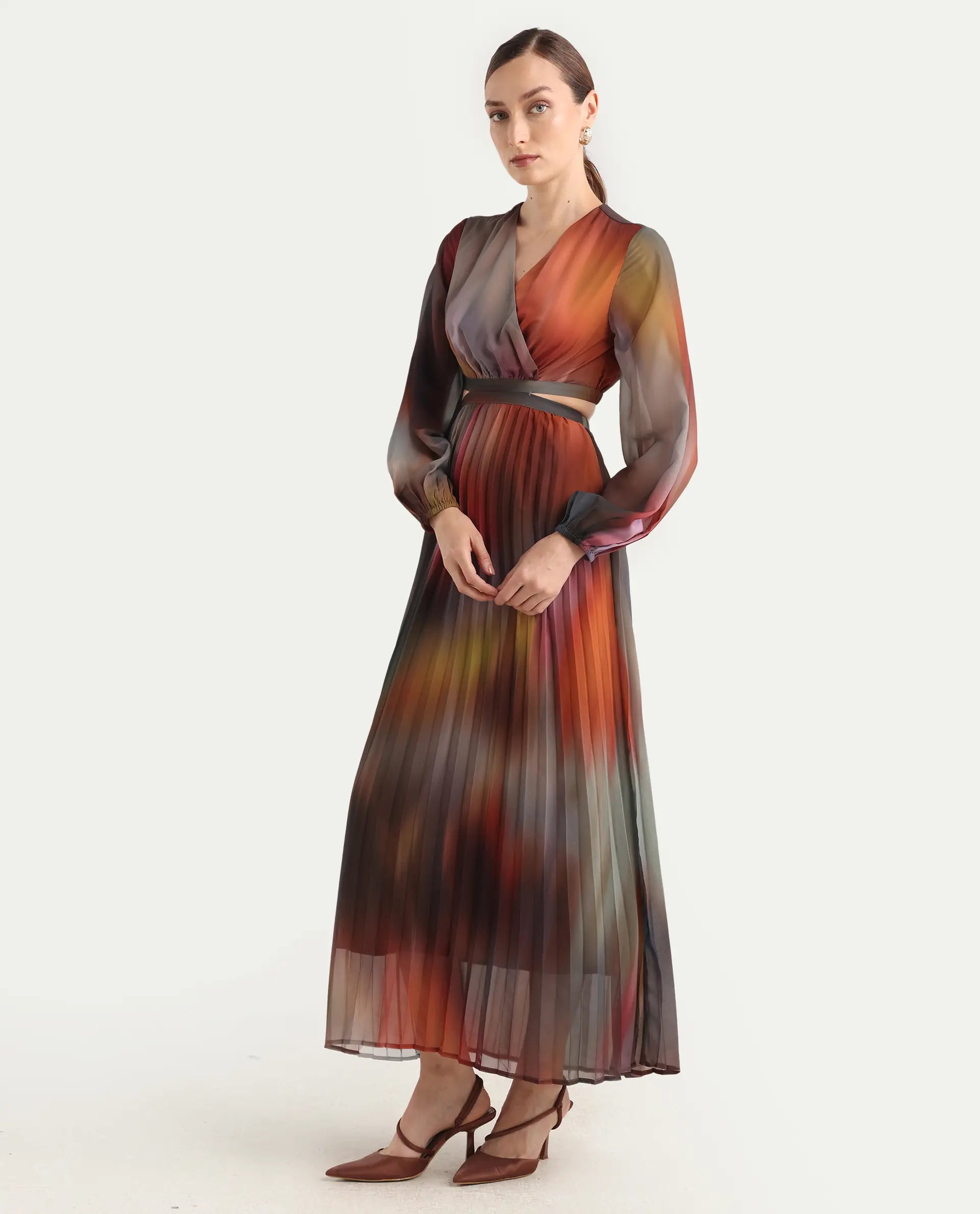 Rareism Women Jencos Multi Round Neck Pull On Flared Maxi Printed Dress