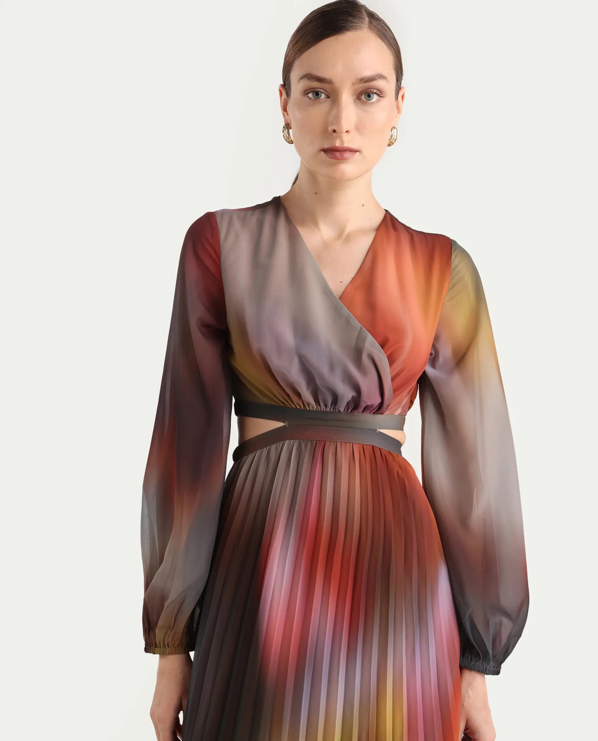 Rareism Women Jencos Multi Round Neck Pull On Flared Maxi Printed Dress