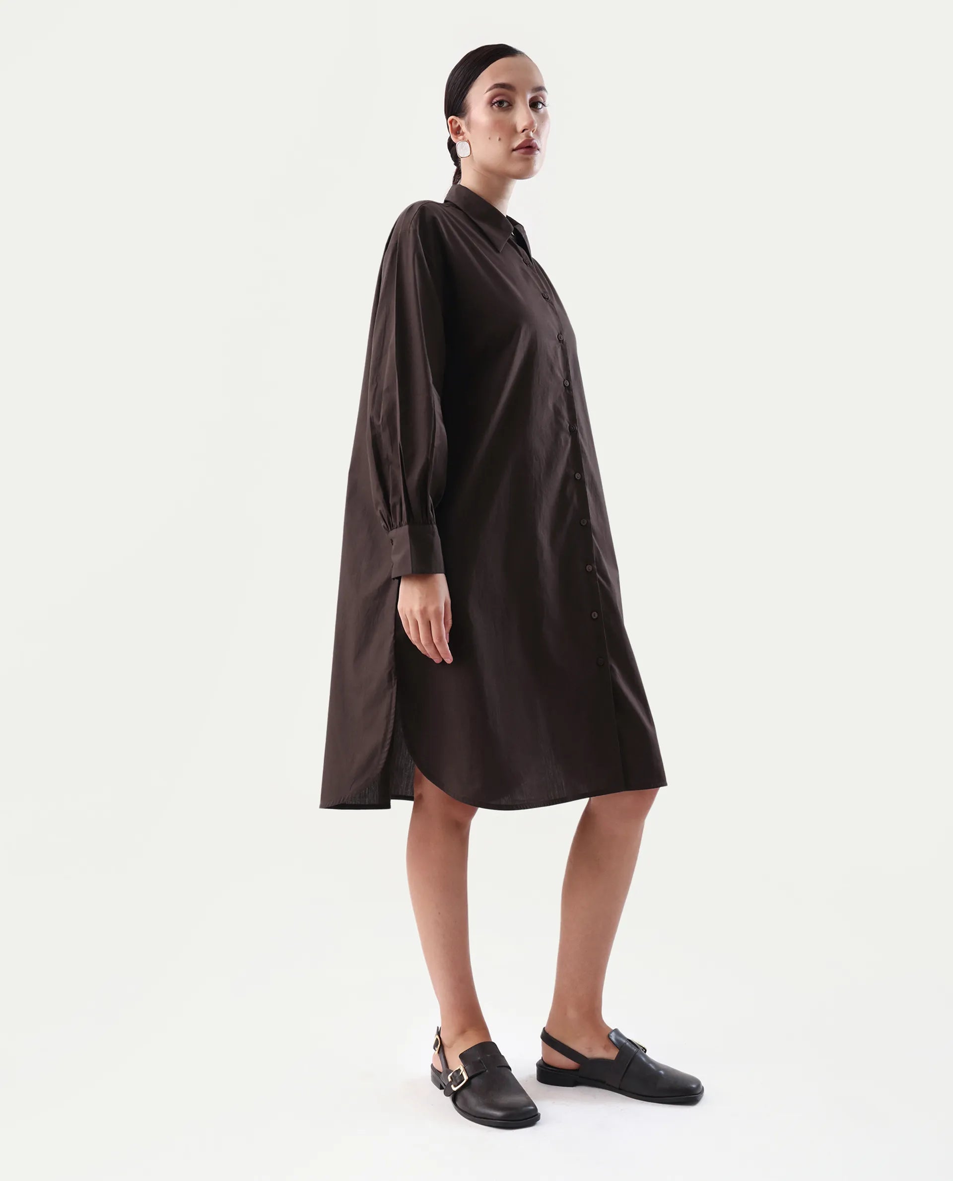 Rareism Women's Jencot Brown Cotton Collared Neck A-Line Plain Dress