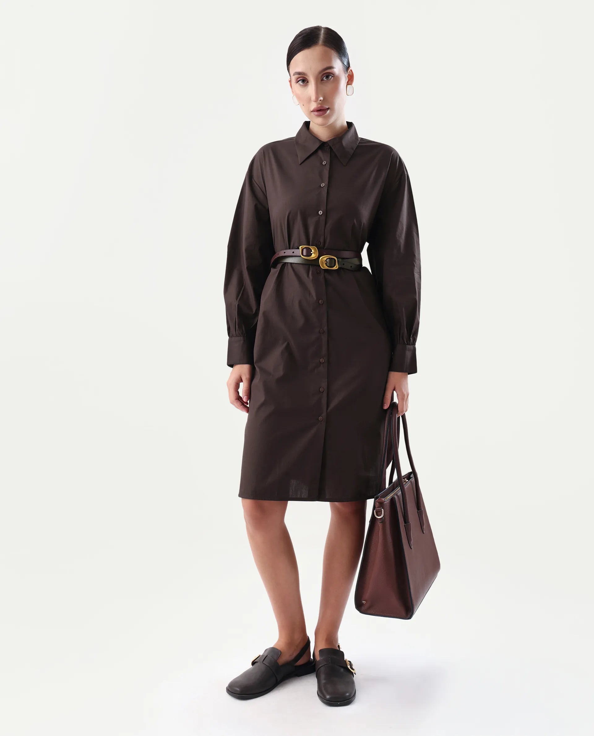 Rareism Women's Jencot Brown Cotton Collared Neck A-Line Plain Dress