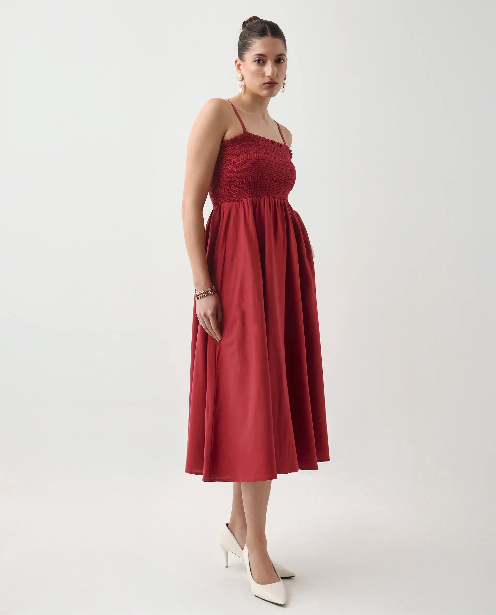 Rareism Women's Jendimo Dark Red Cotton Blend Sleeveless Tube Neck Fit And Flare Fit Plain Midi Dress