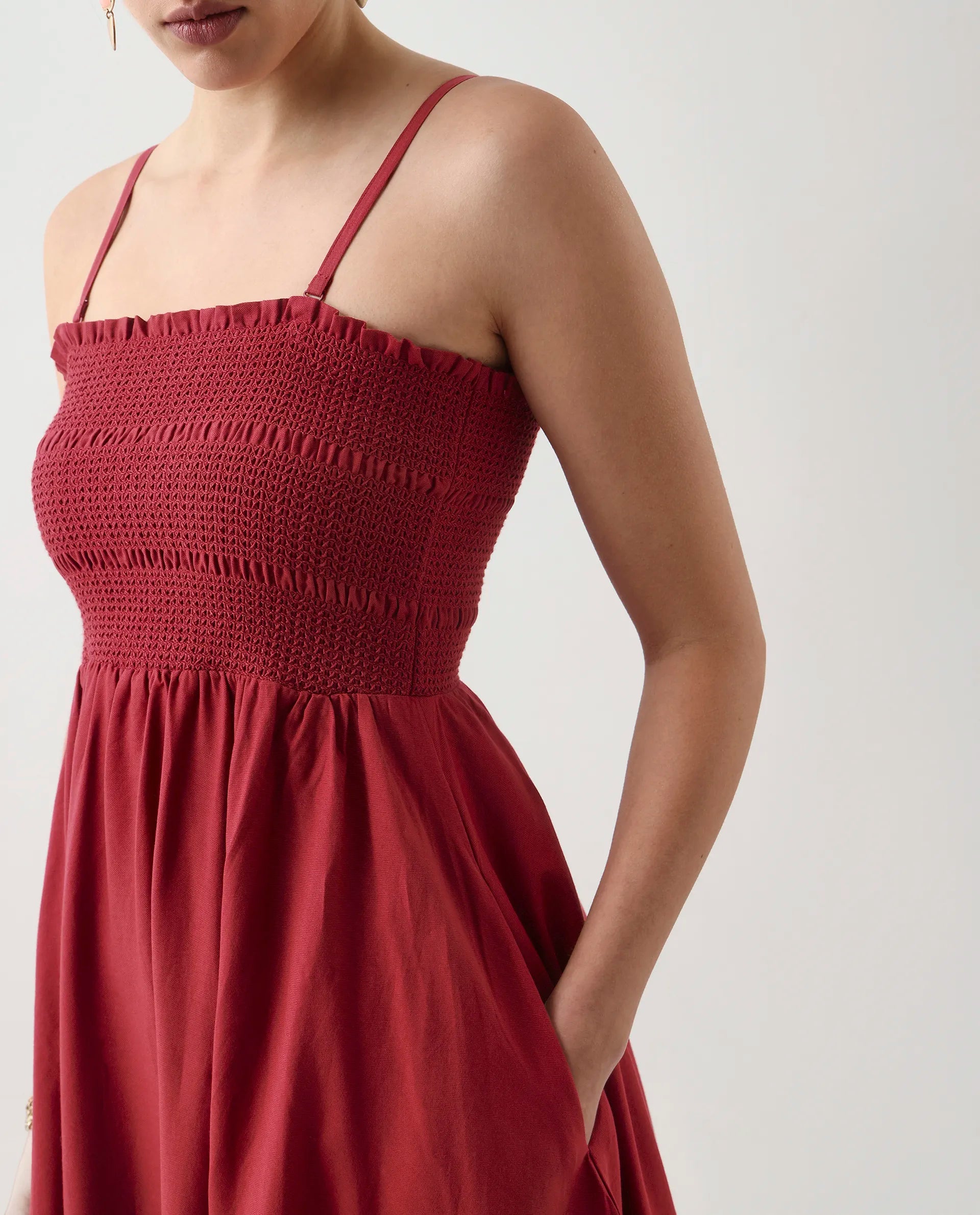 Rareism Women's Jendimo Dark Red Cotton Blend Sleeveless Tube Neck Fit And Flare Fit Plain Midi Dress