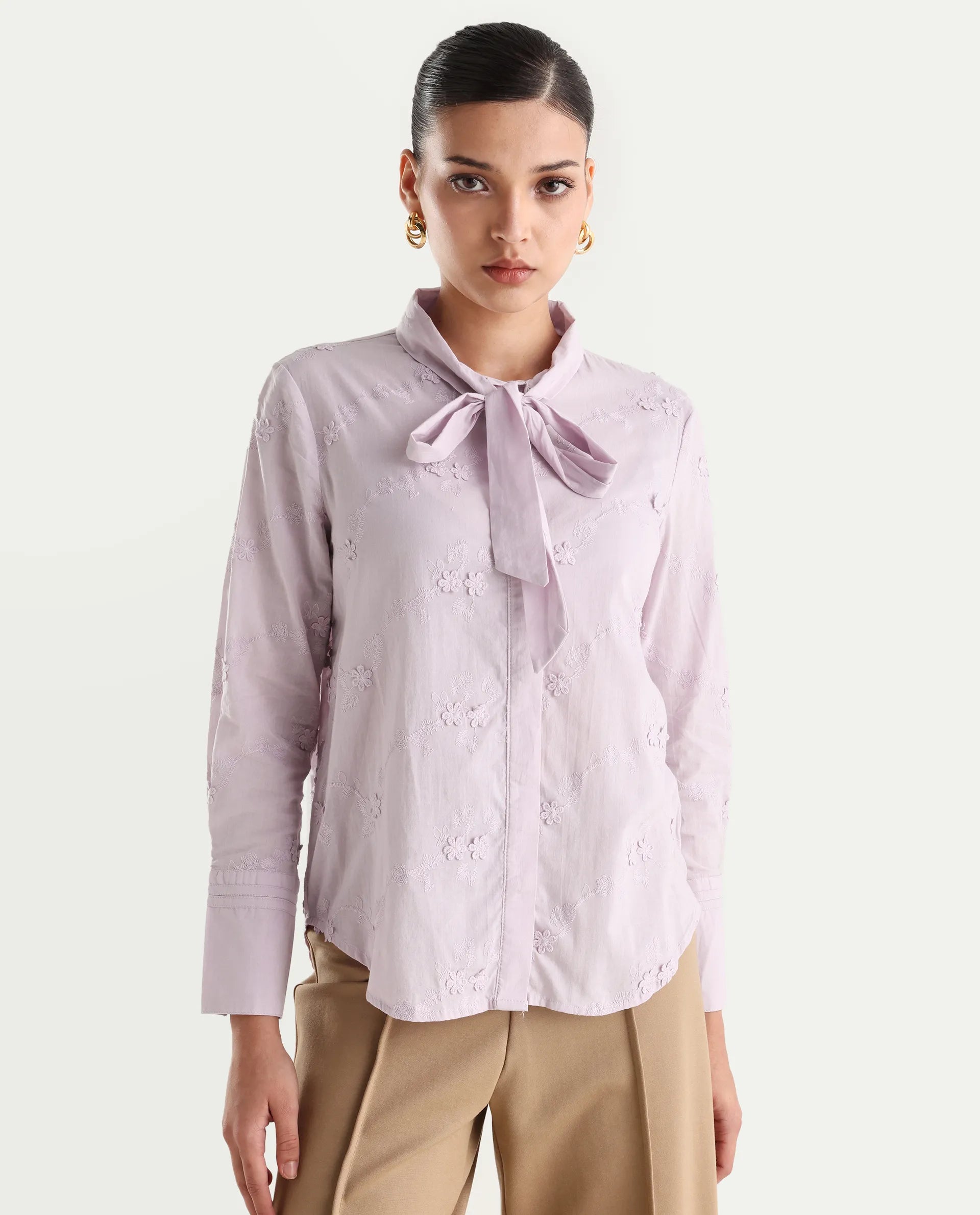Rareism Women's Jeneiro Pastel Purple Cotton Tie-Up Neck Plain Cuffed Sleeve Regular Fit Shirt