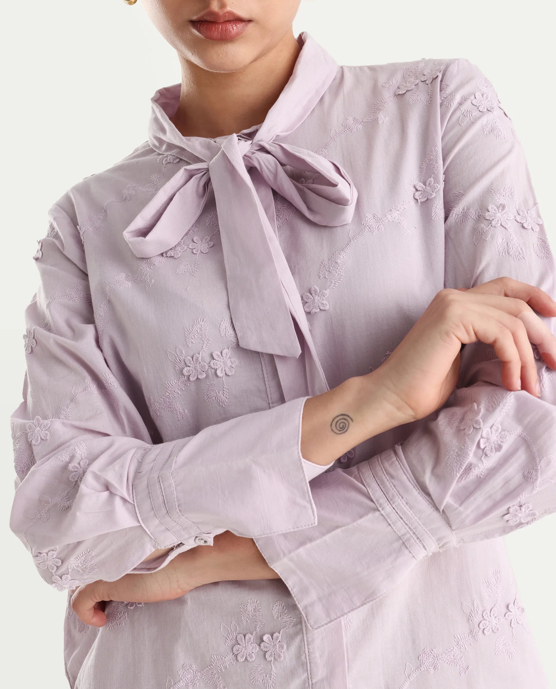 Rareism Women's Jeneiro Pastel Purple Cotton Tie-Up Neck Plain Cuffed Sleeve Regular Fit Shirt