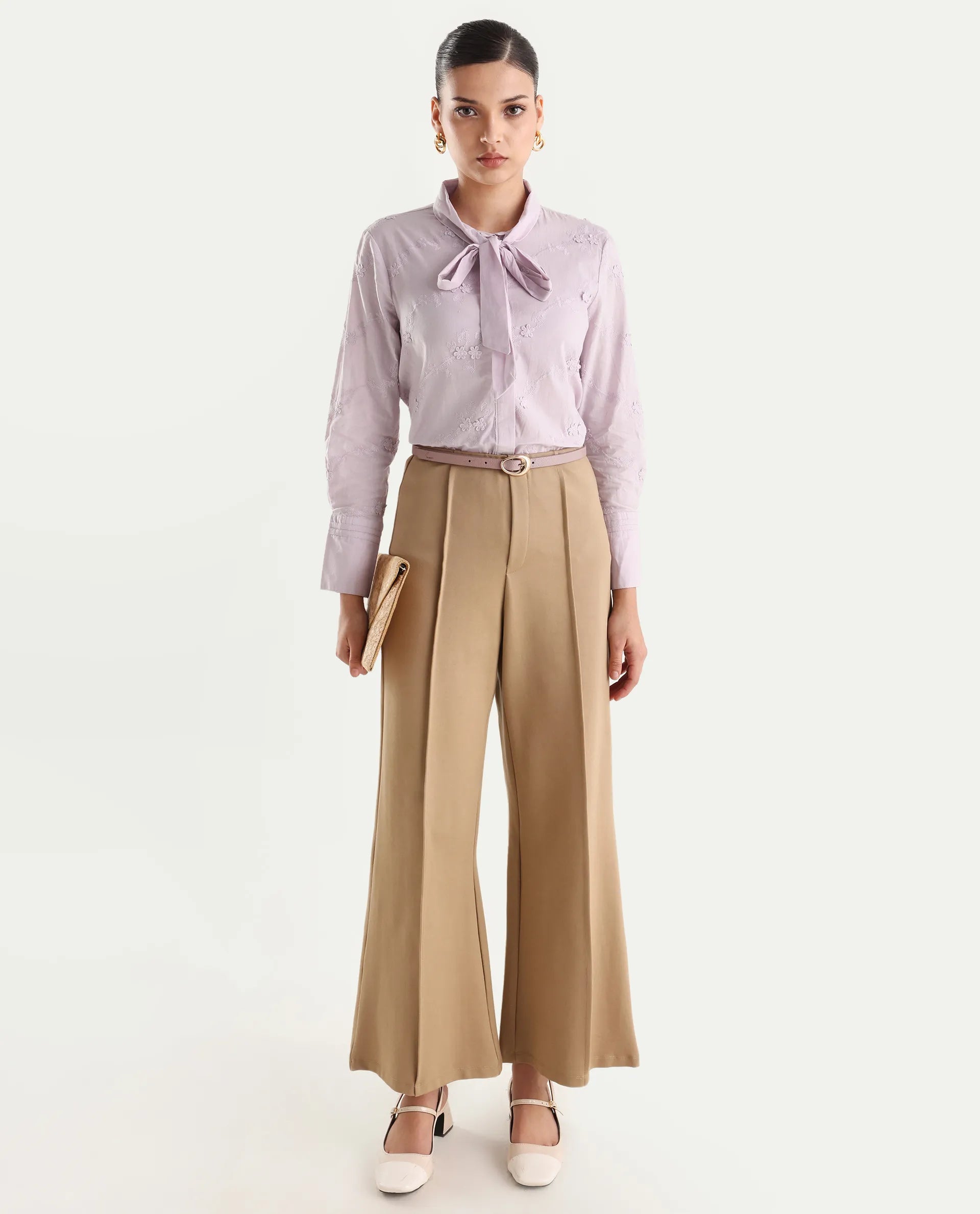 Rareism Women's Jeneiro Pastel Purple Cotton Tie-Up Neck Plain Cuffed Sleeve Regular Fit Shirt