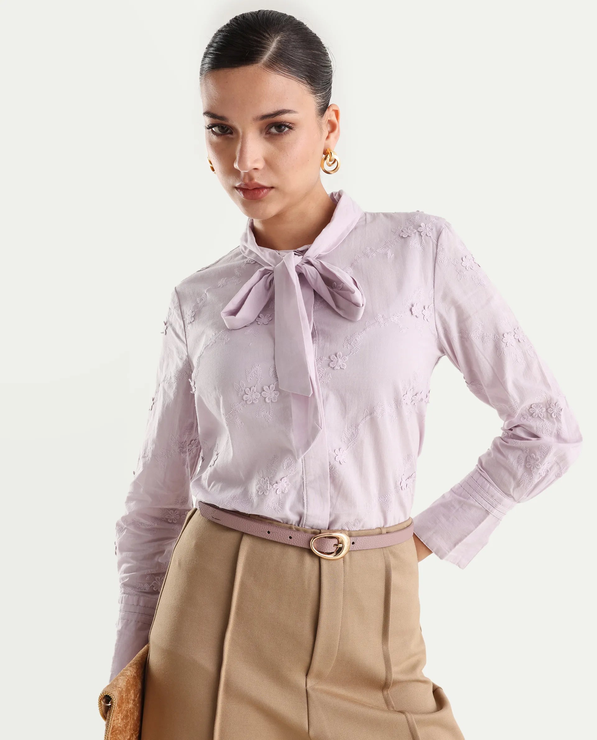 Rareism Women's Jeneiro Pastel Purple Cotton Tie-Up Neck Plain Cuffed Sleeve Regular Fit Shirt